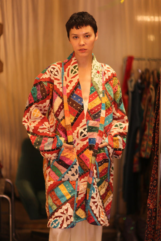 PATCHWORK PATTERN KANTHA LONG KIMONO RAINBOW - BANGKOK TAILOR CLOTHING STORE - HANDMADE CLOTHING