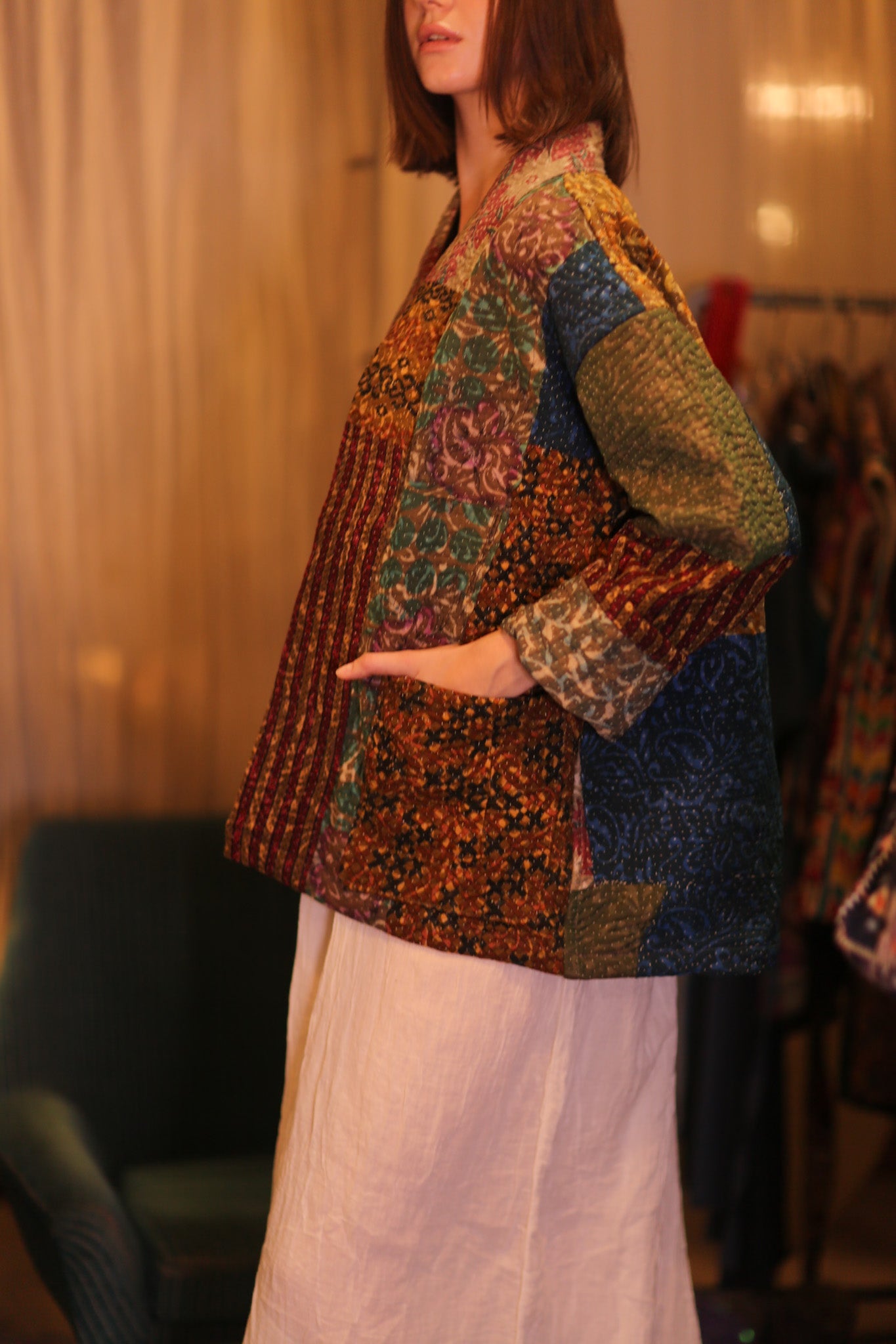 PATCHWORK PATTERN KANTHA SHORT KIMONO SAUNGOU - BANGKOK TAILOR CLOTHING STORE - HANDMADE CLOTHING