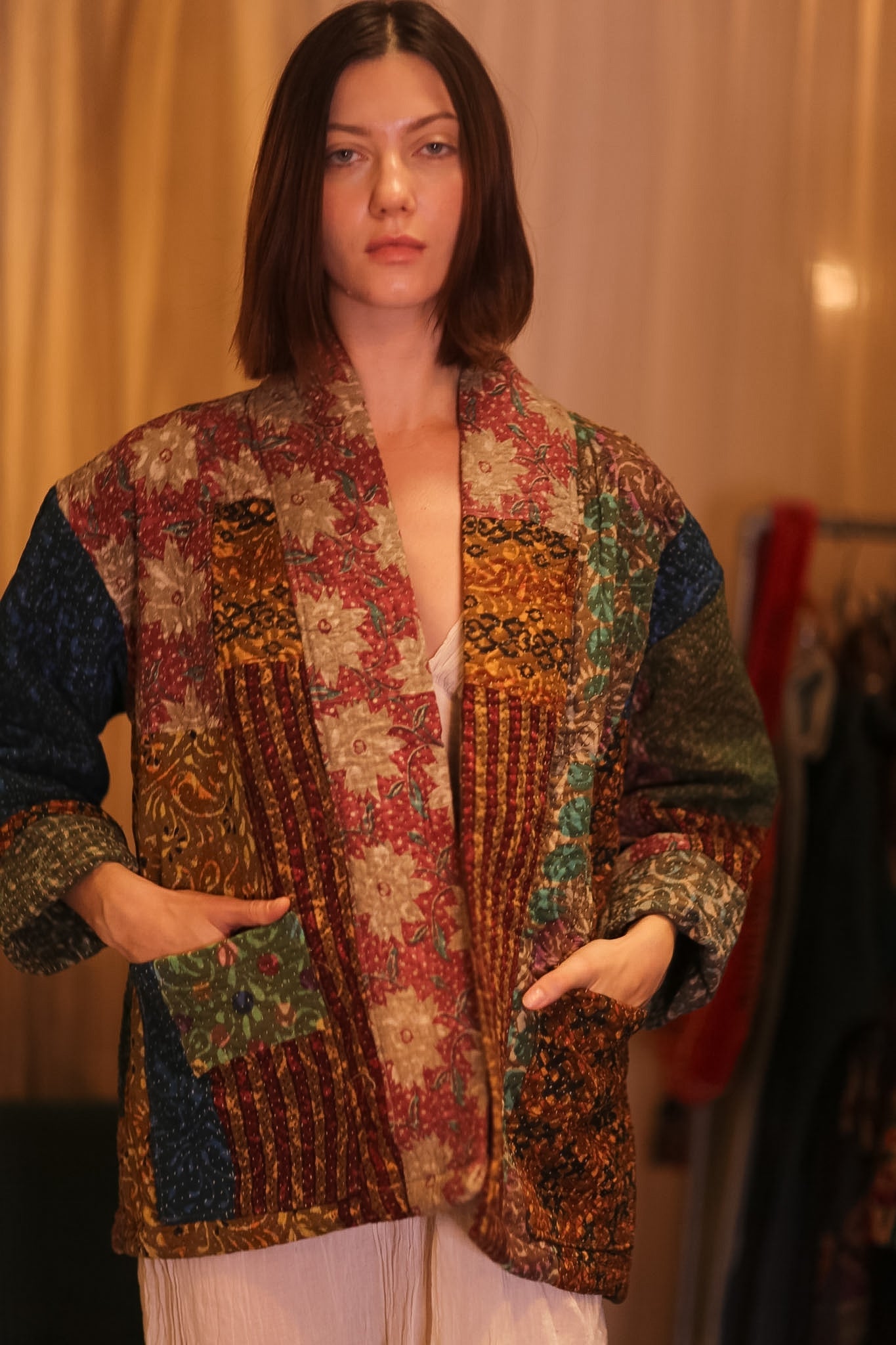 PATCHWORK PATTERN KANTHA SHORT KIMONO SAUNGOU - BANGKOK TAILOR CLOTHING STORE - HANDMADE CLOTHING