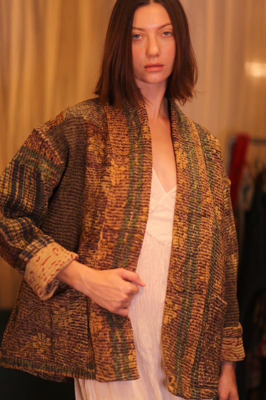 PATCHWORK PATTERN KANTHA SHORT KIMONO YAUNGNI - BANGKOK TAILOR CLOTHING STORE - HANDMADE CLOTHING