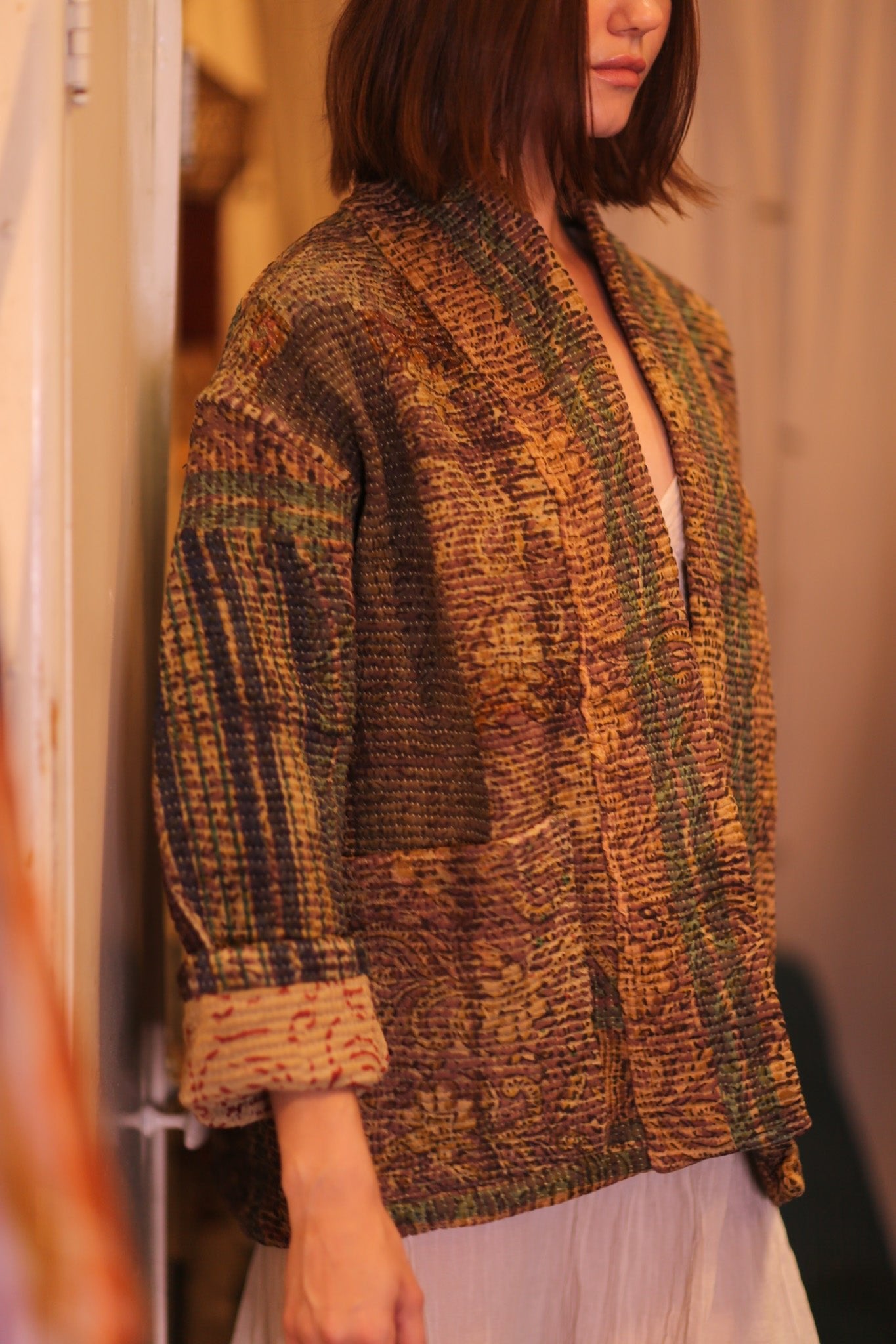 PATCHWORK PATTERN KANTHA SHORT KIMONO YAUNGNI - BANGKOK TAILOR CLOTHING STORE - HANDMADE CLOTHING