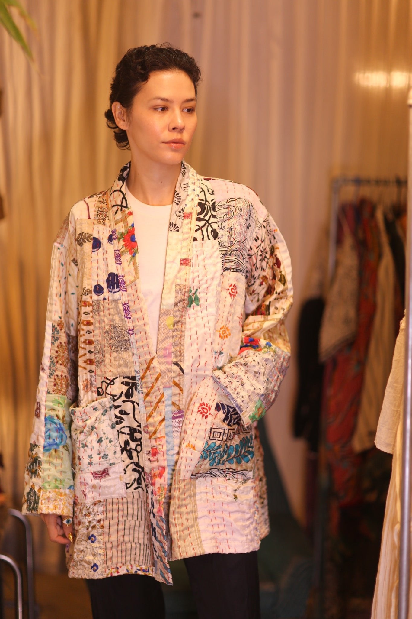 PATCHWORK PATTERN SILK SHORT KIMONO DANAN - BANGKOK TAILOR CLOTHING STORE - HANDMADE CLOTHING