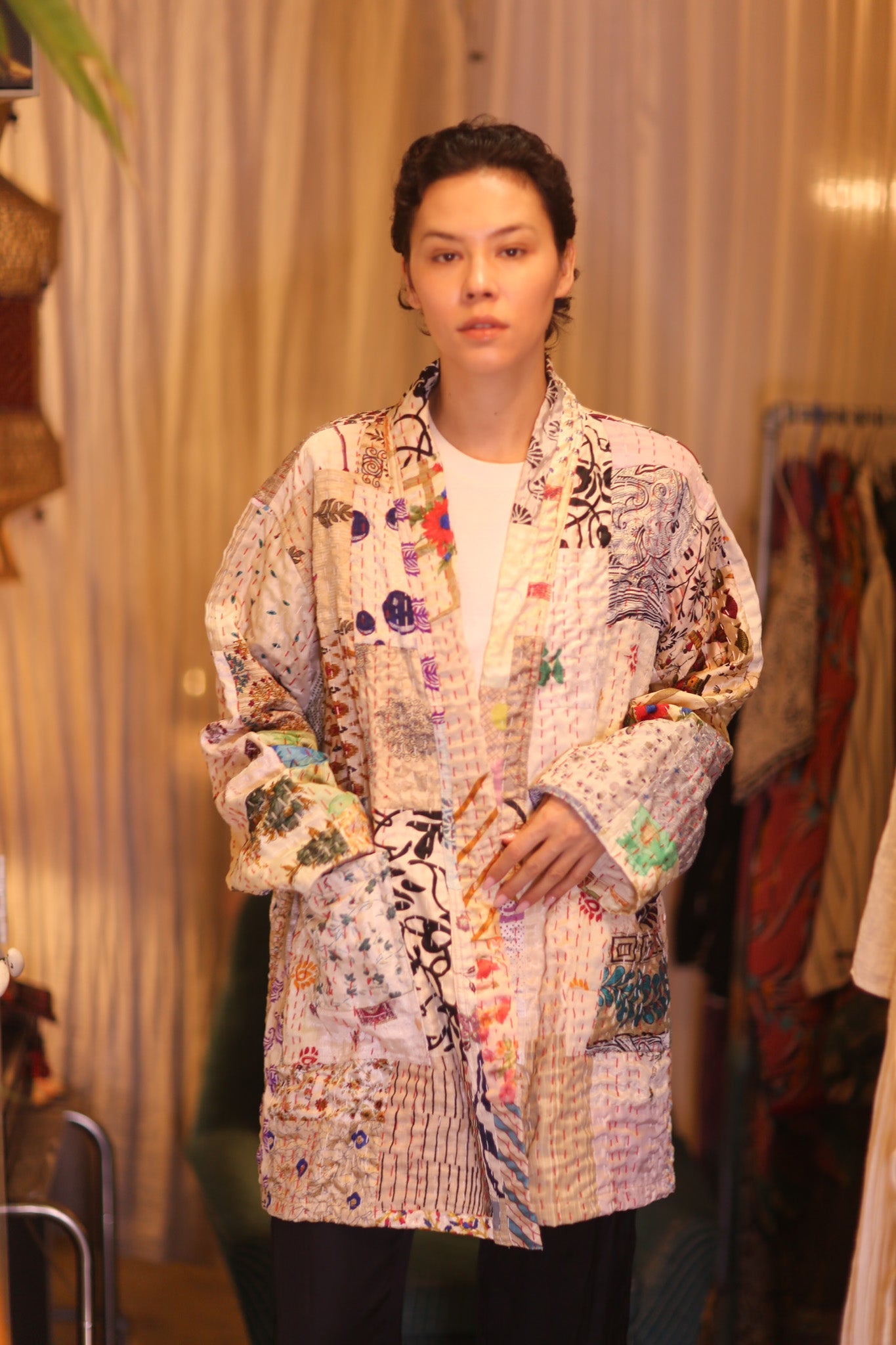 PATCHWORK PATTERN SILK SHORT KIMONO DANAN - BANGKOK TAILOR CLOTHING STORE - HANDMADE CLOTHING