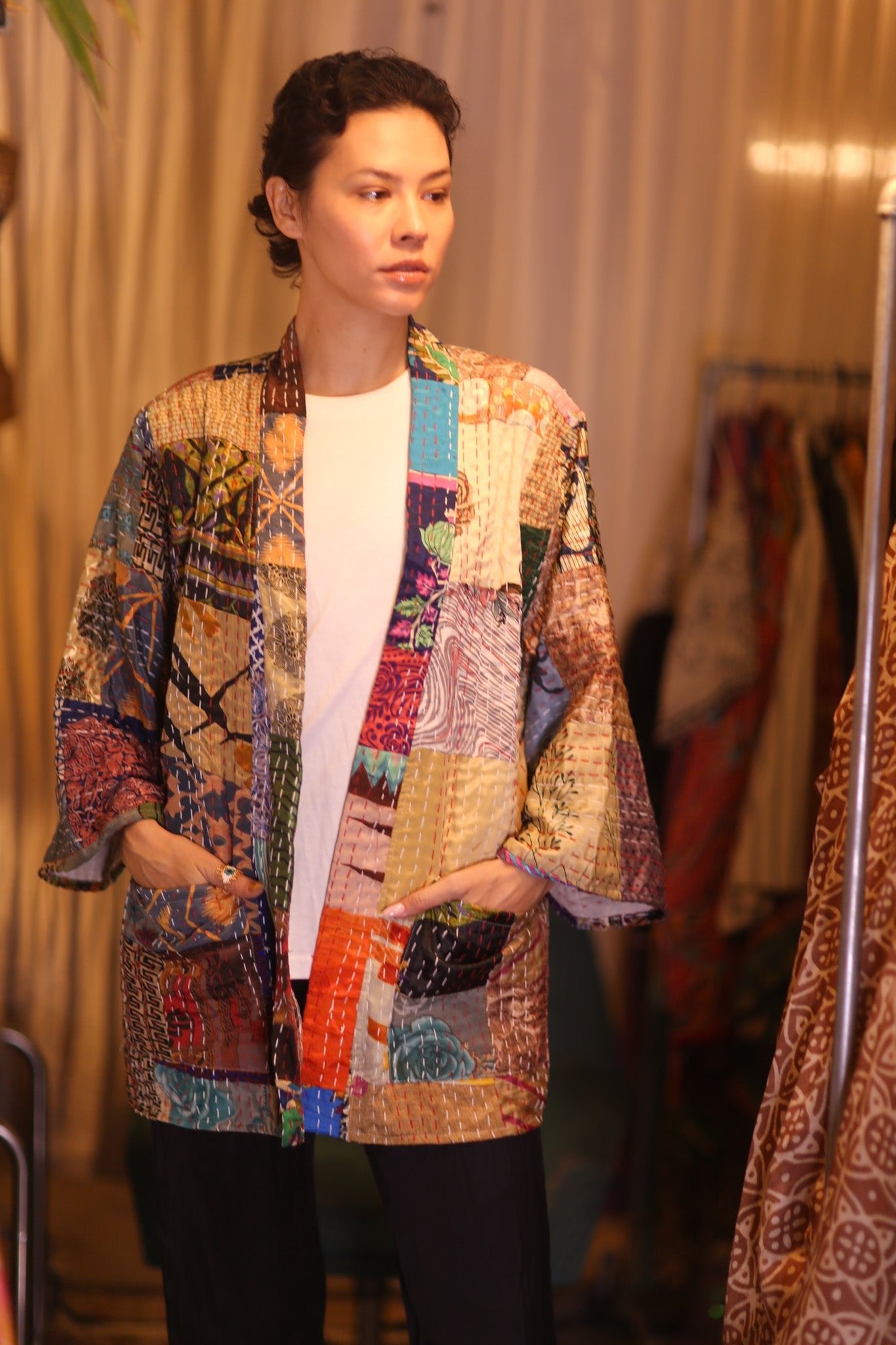 PATCHWORK PATTERN SILK SHORT KIMONO NAN - BANGKOK TAILOR CLOTHING STORE - HANDMADE CLOTHING