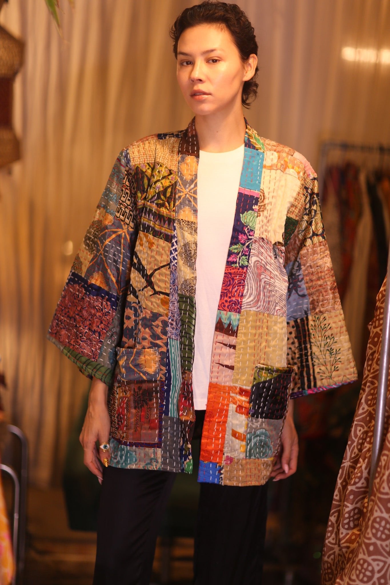 PATCHWORK PATTERN SILK SHORT KIMONO NAN - BANGKOK TAILOR CLOTHING STORE - HANDMADE CLOTHING