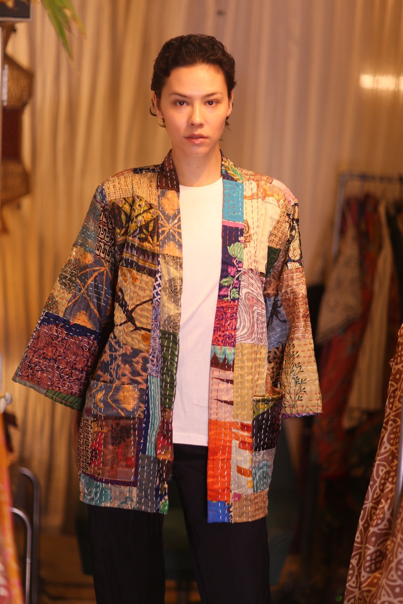 PATCHWORK PATTERN SILK SHORT KIMONO NAN - BANGKOK TAILOR CLOTHING STORE - HANDMADE CLOTHING