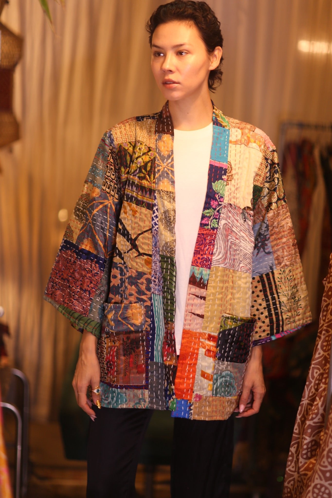 PATCHWORK PATTERN SILK SHORT KIMONO NAN - BANGKOK TAILOR CLOTHING STORE - HANDMADE CLOTHING