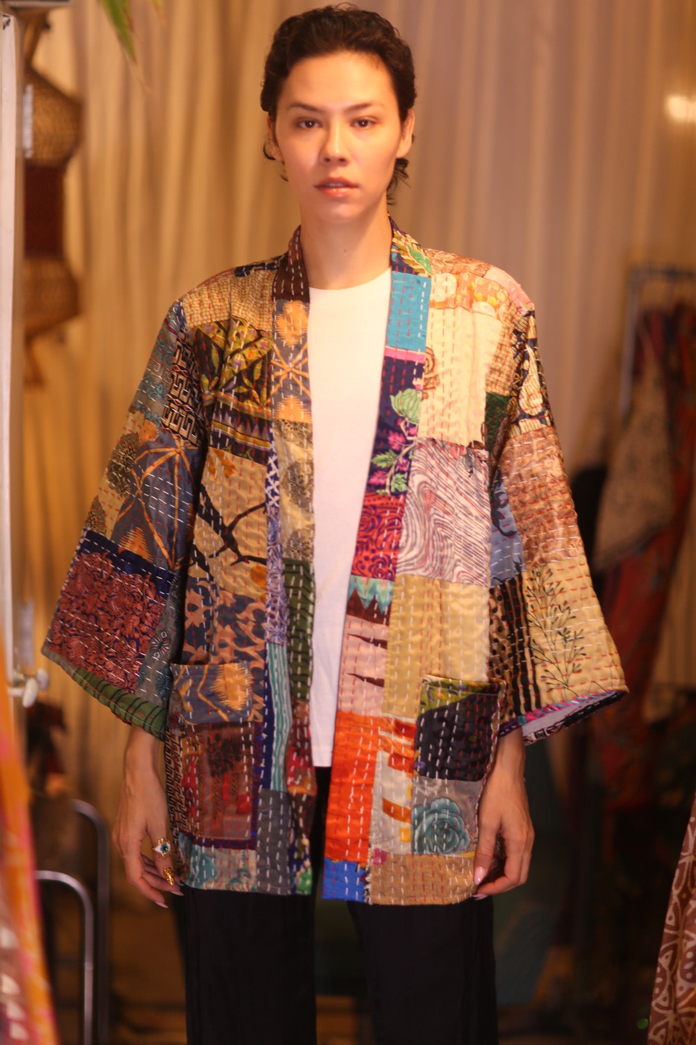 PATCHWORK PATTERN SILK SHORT KIMONO NAN - BANGKOK TAILOR CLOTHING STORE - HANDMADE CLOTHING