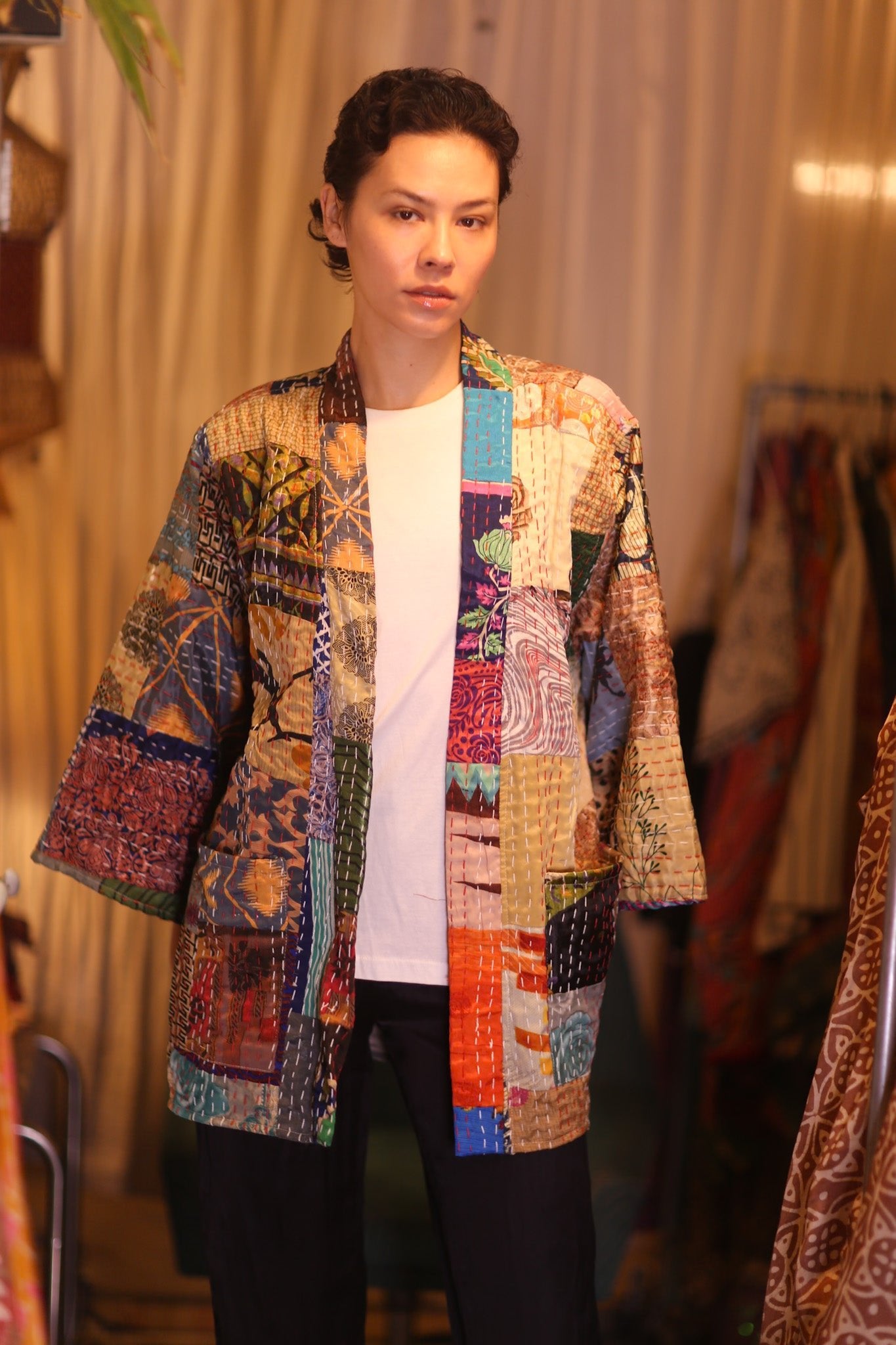 PATCHWORK PATTERN SILK SHORT KIMONO NAN - BANGKOK TAILOR CLOTHING STORE - HANDMADE CLOTHING