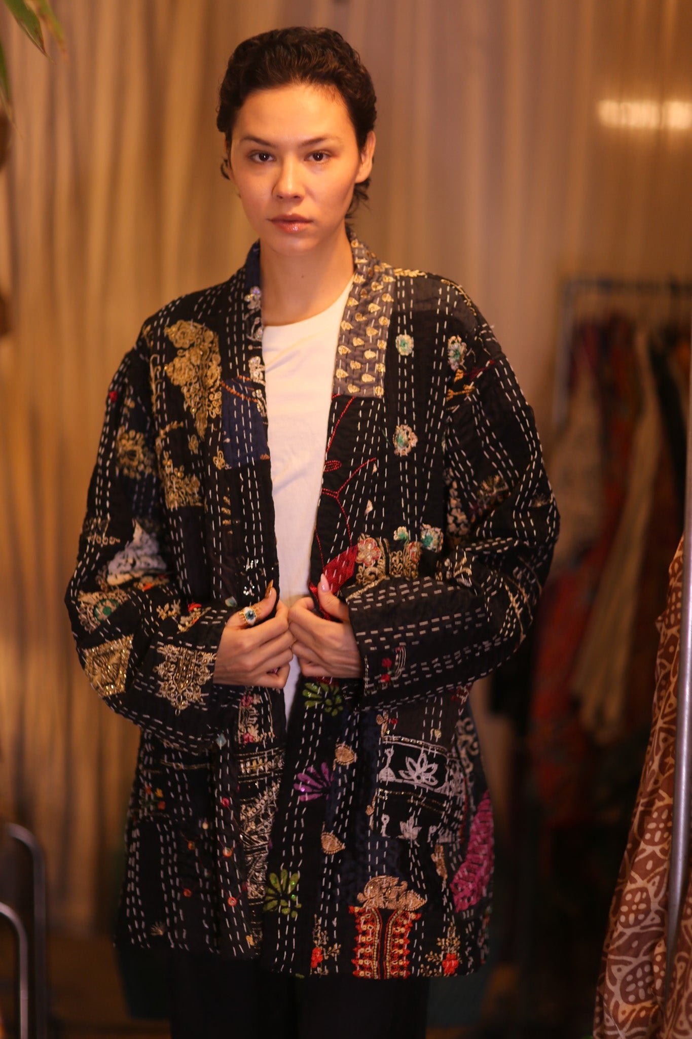 PATCHWORK PATTERN SILK SHORT KIMONO NYAMIE - BANGKOK TAILOR CLOTHING STORE - HANDMADE CLOTHING