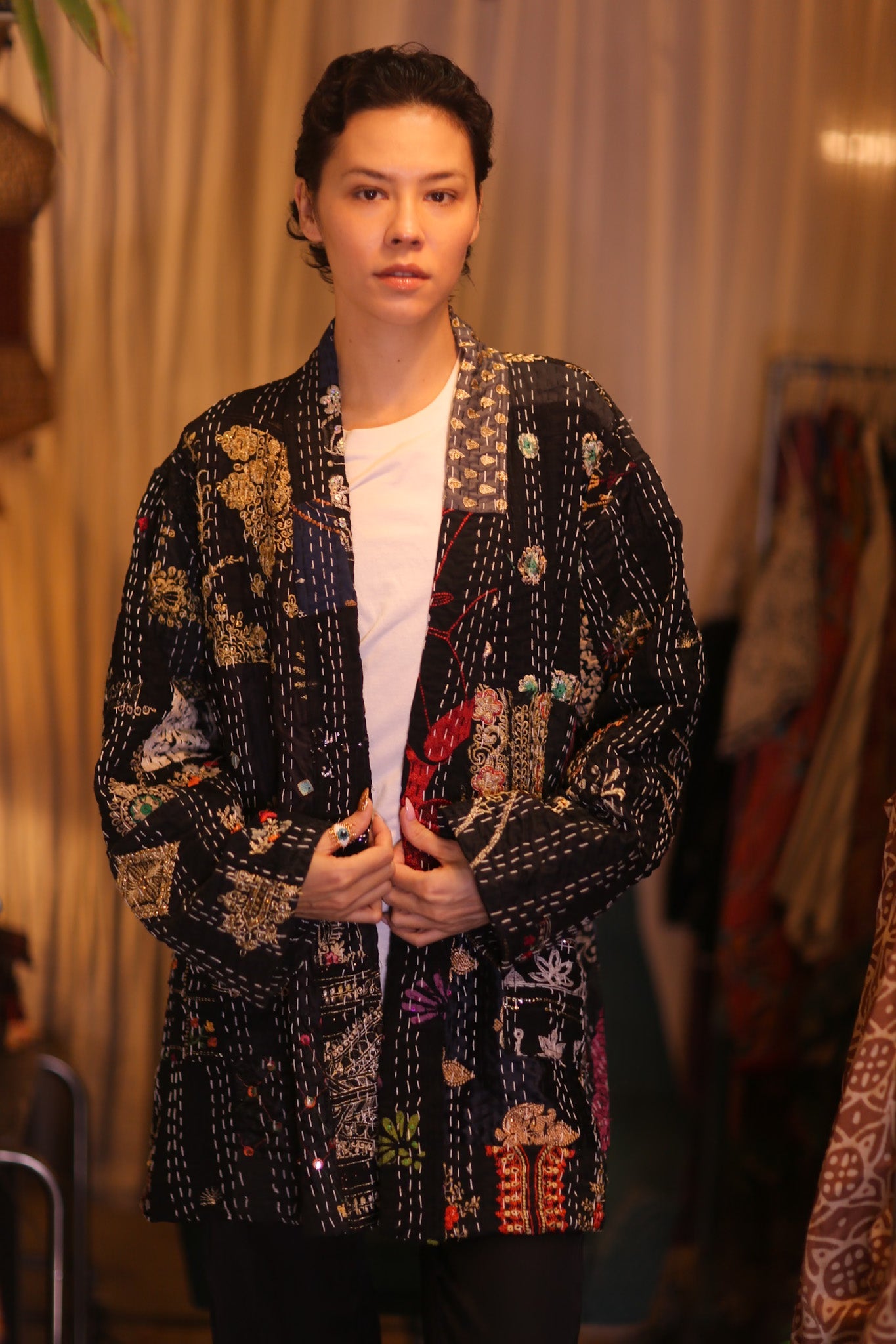 PATCHWORK PATTERN SILK SHORT KIMONO NYAMIE - BANGKOK TAILOR CLOTHING STORE - HANDMADE CLOTHING
