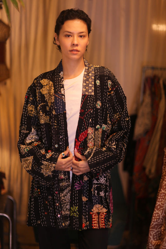 PATCHWORK PATTERN SILK SHORT KIMONO NYAMIE - BANGKOK TAILOR CLOTHING STORE - HANDMADE CLOTHING