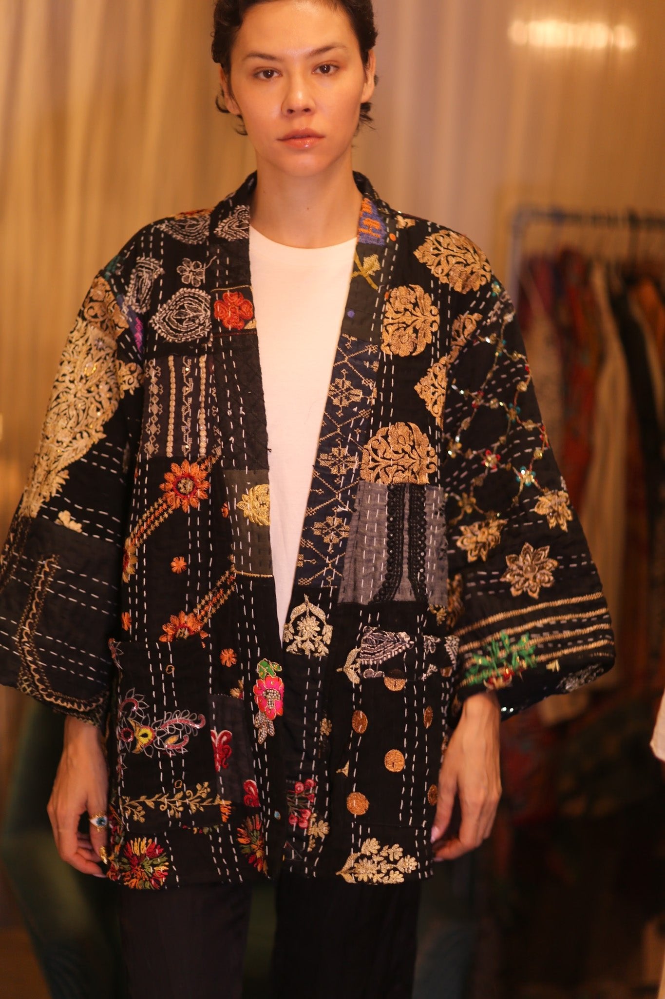 PATCHWORK PATTERN SILK SHORT KIMONO SQUI - BANGKOK TAILOR CLOTHING STORE - HANDMADE CLOTHING