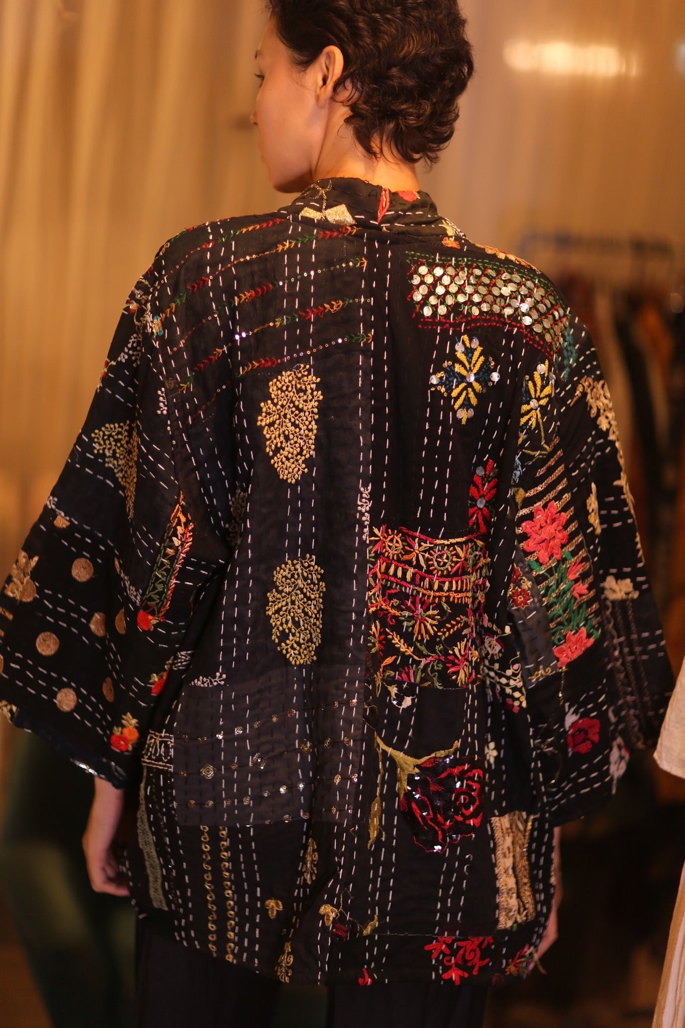 PATCHWORK PATTERN SILK SHORT KIMONO SQUI - BANGKOK TAILOR CLOTHING STORE - HANDMADE CLOTHING