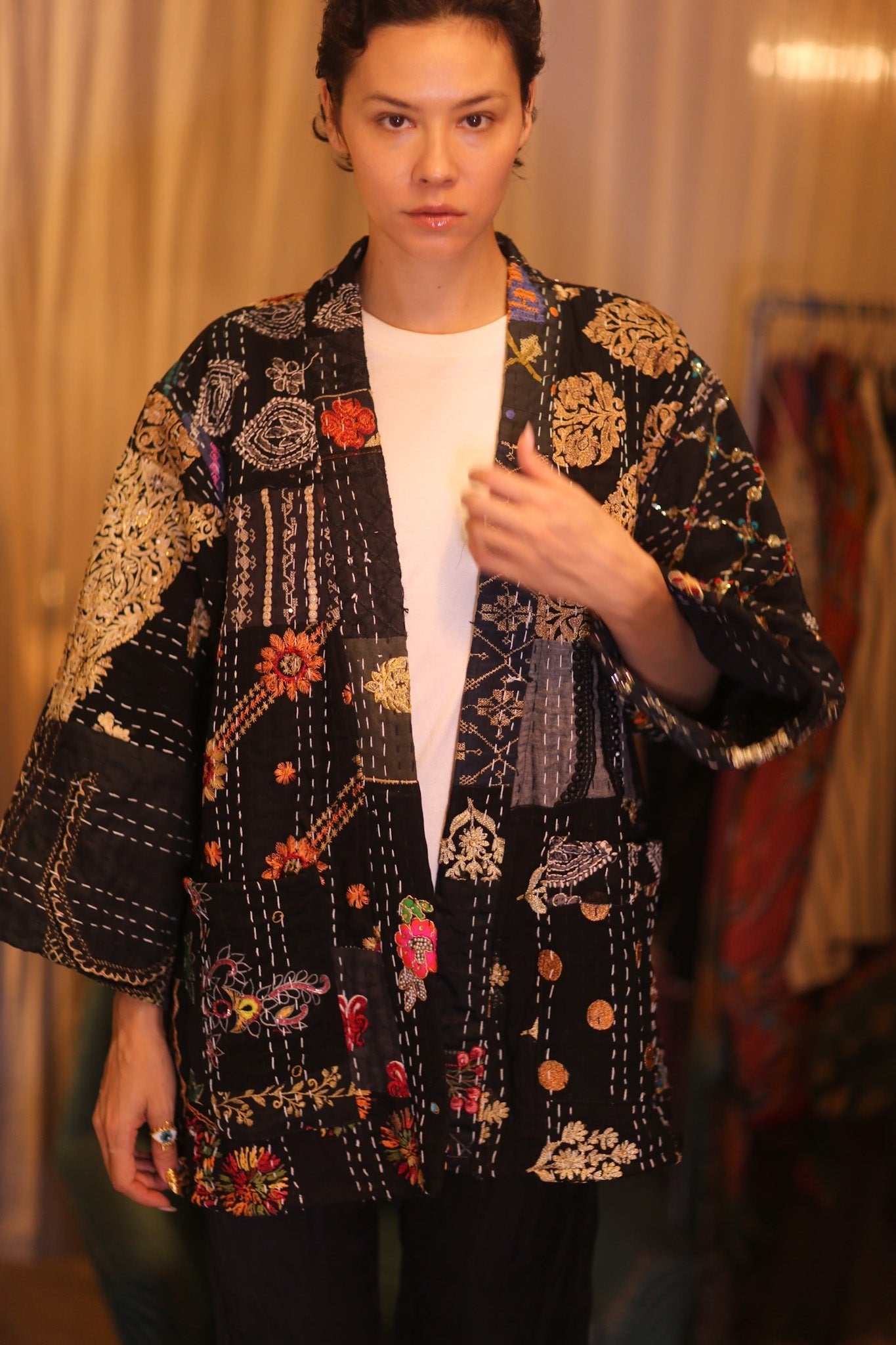 PATCHWORK PATTERN SILK SHORT KIMONO SQUI - BANGKOK TAILOR CLOTHING STORE - HANDMADE CLOTHING