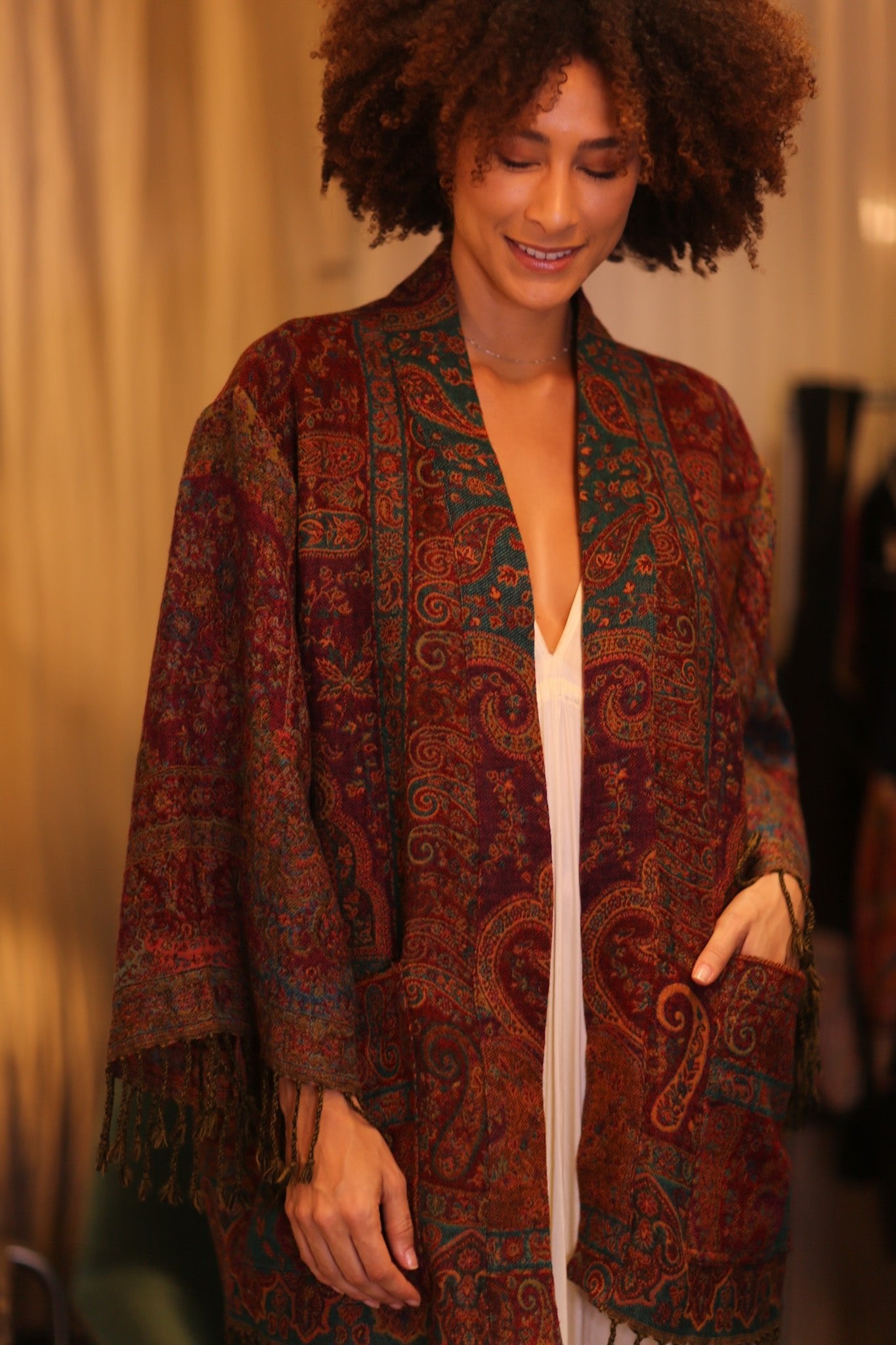 PATTERN EMBROIDERED COTTON WOOL SHAWL KIMONO TINA - BANGKOK TAILOR CLOTHING STORE - HANDMADE CLOTHING