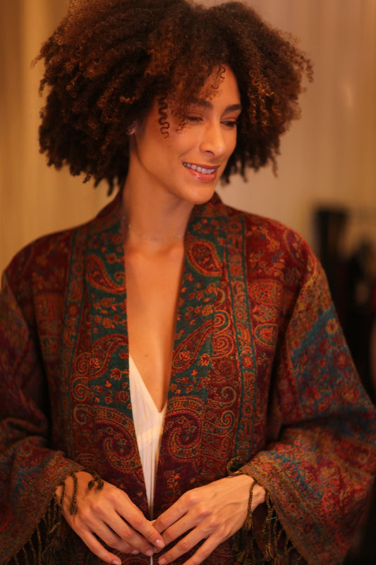 PATTERN EMBROIDERED COTTON WOOL SHAWL KIMONO TINA - BANGKOK TAILOR CLOTHING STORE - HANDMADE CLOTHING
