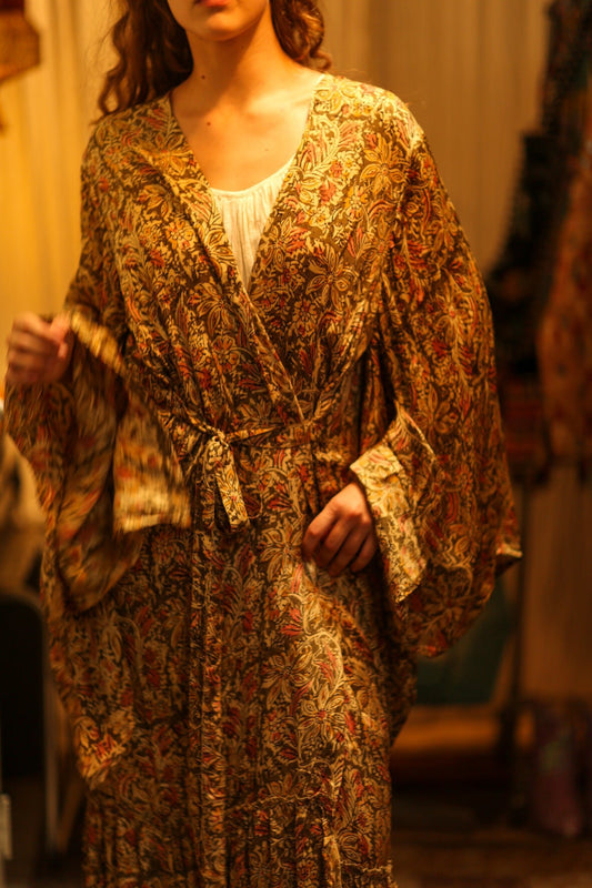 PINA SILK KIMONO GARDEN OLIVE GREEN - BANGKOK TAILOR CLOTHING STORE - HANDMADE CLOTHING