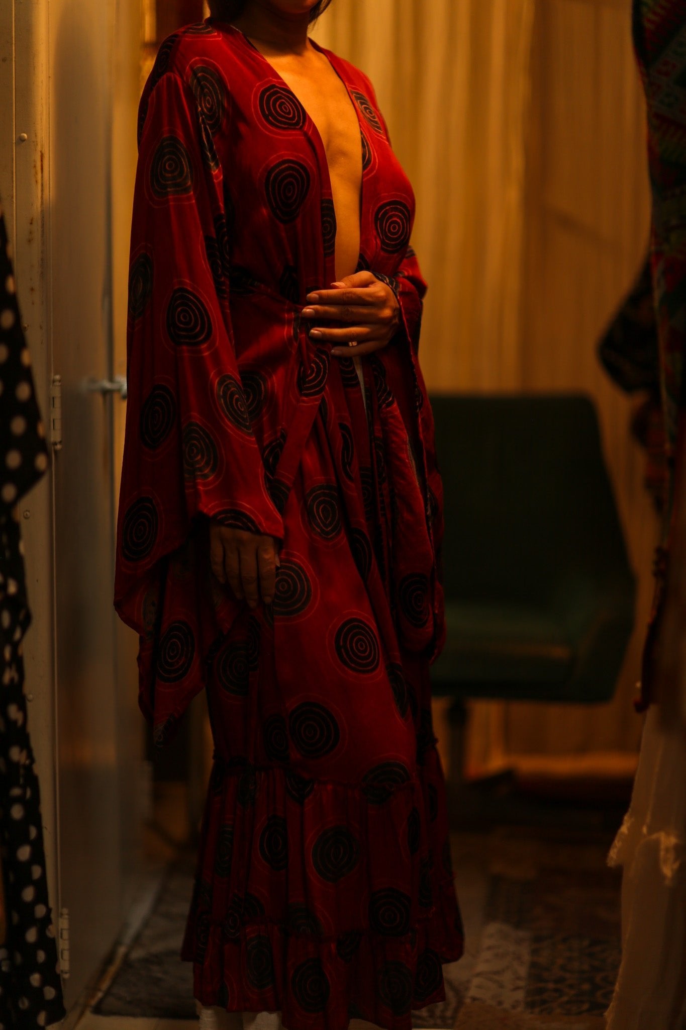 PINA SILK KIMONO RED CIRCLE - BANGKOK TAILOR CLOTHING STORE - HANDMADE CLOTHING