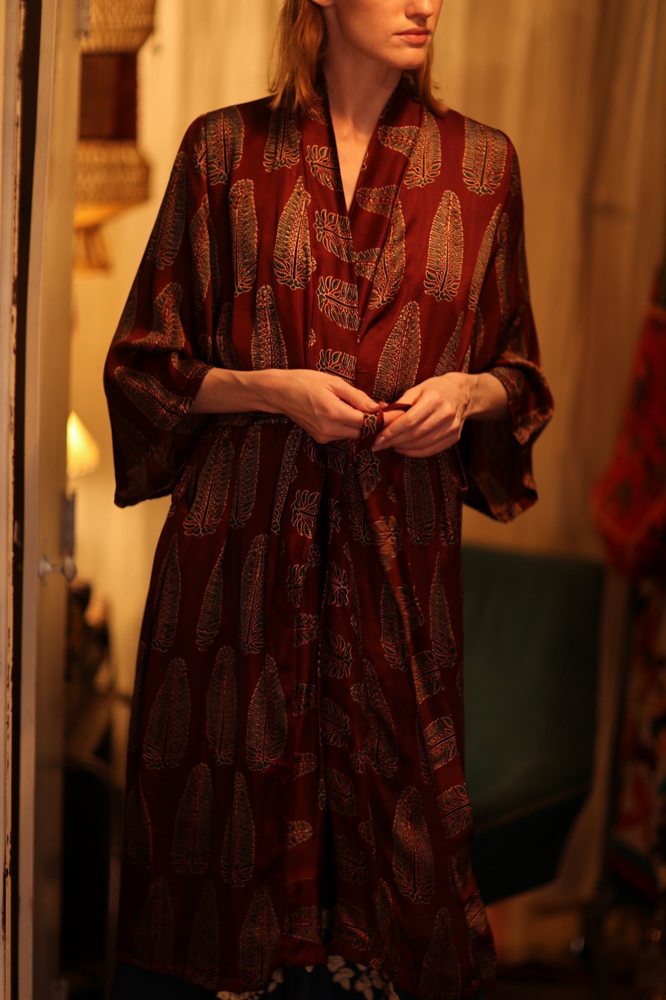 PINA SILK KIMONO RED FEATHER - BANGKOK TAILOR CLOTHING STORE - HANDMADE CLOTHING