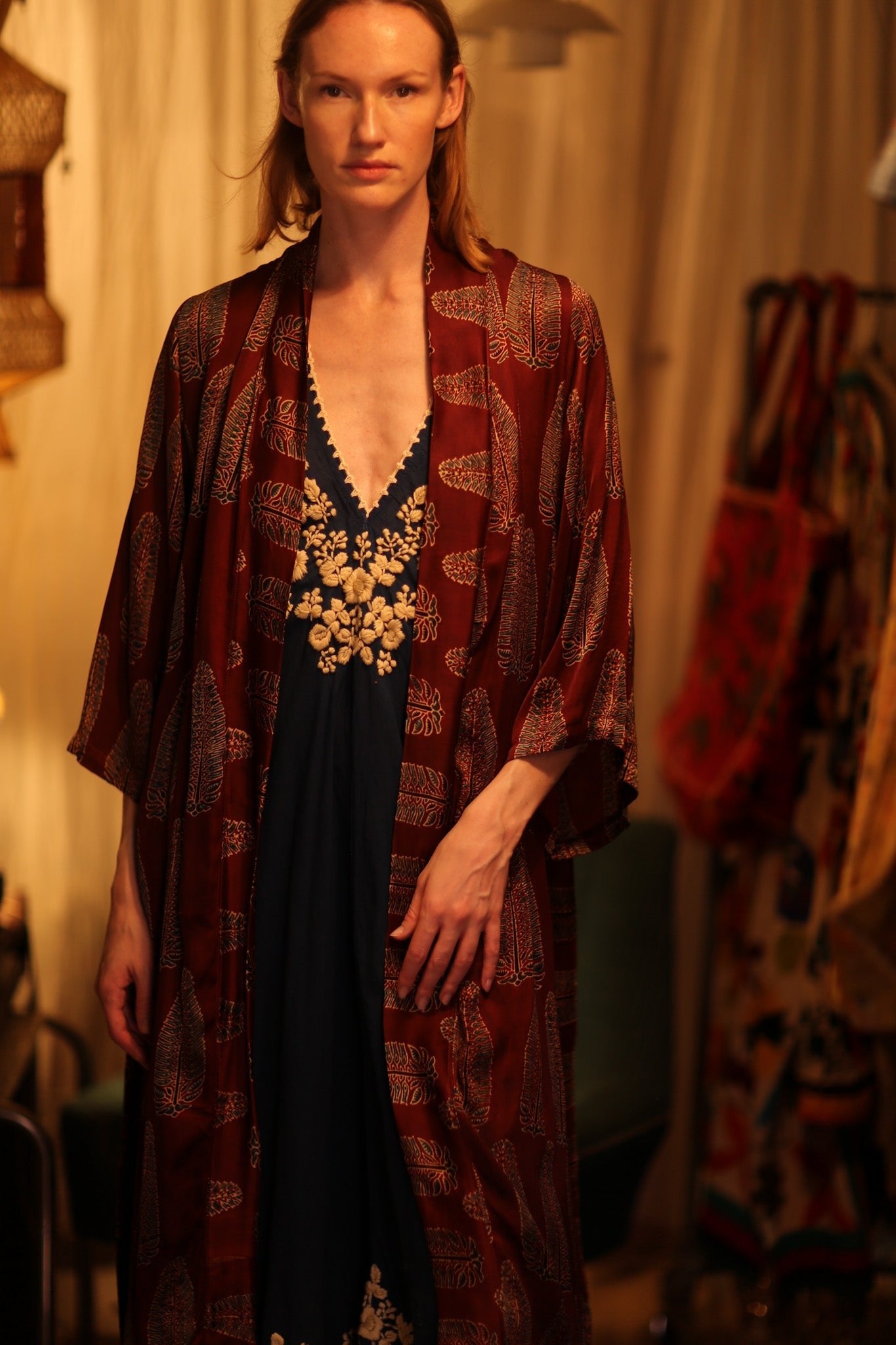 PINA SILK KIMONO RED FEATHER - BANGKOK TAILOR CLOTHING STORE - HANDMADE CLOTHING