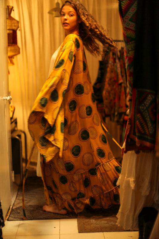 PINA SILK KIMONO YELLOW CIRCLE - BANGKOK TAILOR CLOTHING STORE - HANDMADE CLOTHING