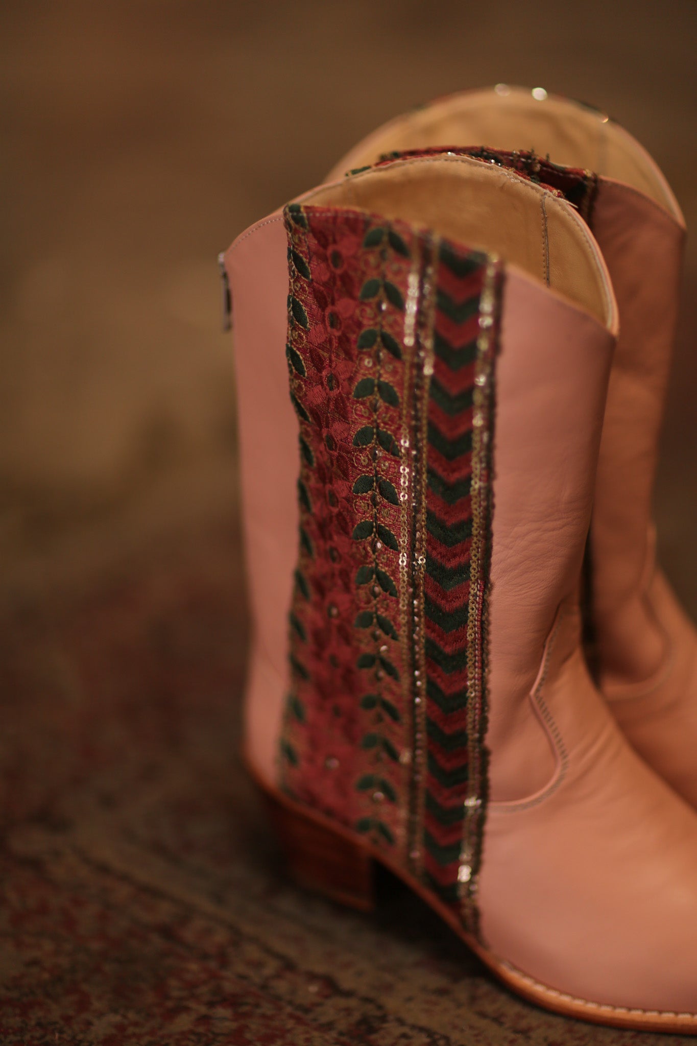 PINK BORDER TRIM LEATHER BOOTS MEETA - BANGKOK TAILOR CLOTHING STORE - HANDMADE CLOTHING