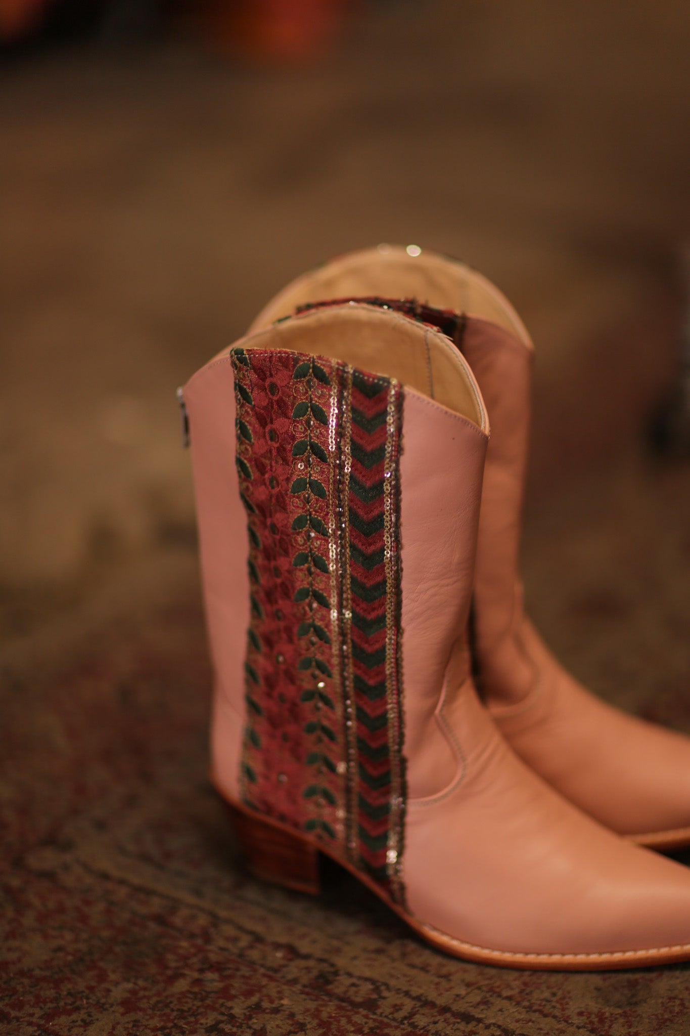 PINK BORDER TRIM LEATHER BOOTS MEETA - BANGKOK TAILOR CLOTHING STORE - HANDMADE CLOTHING