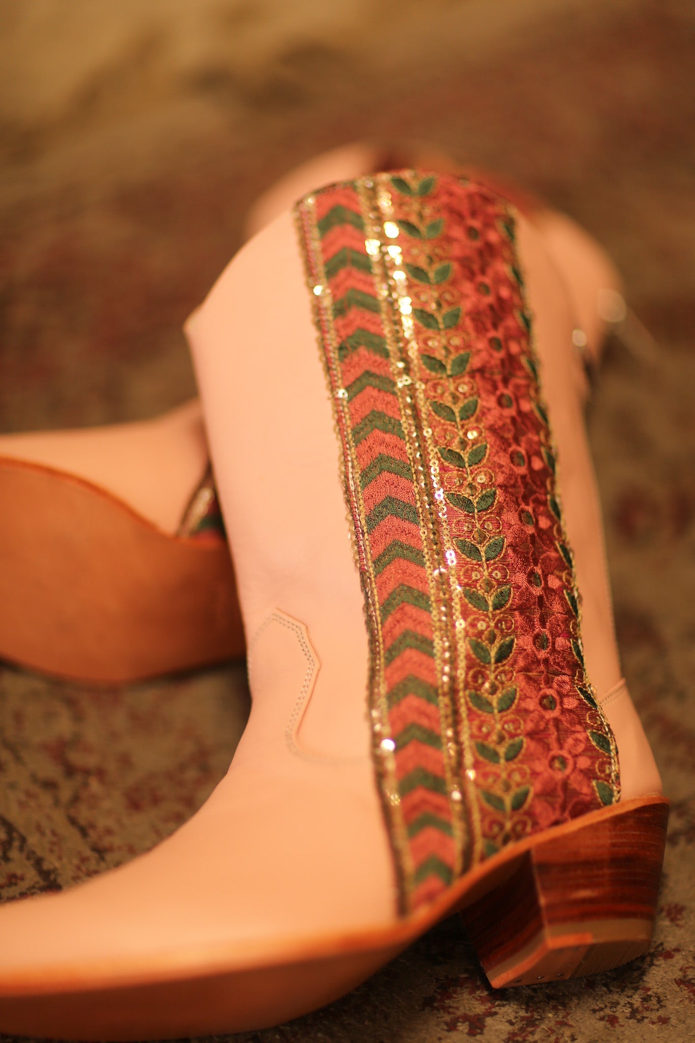 PINK BORDER TRIM LEATHER BOOTS MEETA - BANGKOK TAILOR CLOTHING STORE - HANDMADE CLOTHING