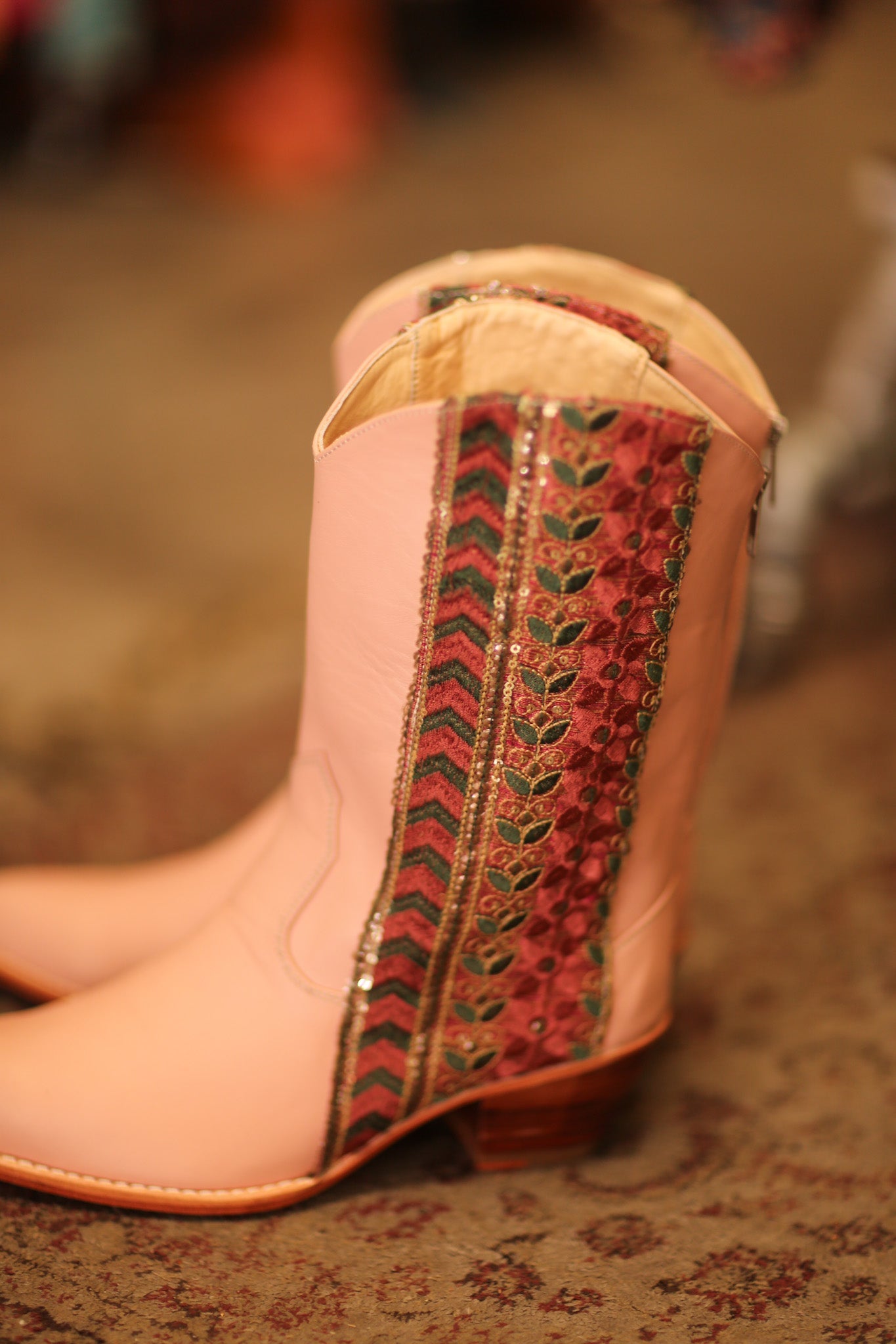 PINK BORDER TRIM LEATHER BOOTS MEETA - BANGKOK TAILOR CLOTHING STORE - HANDMADE CLOTHING