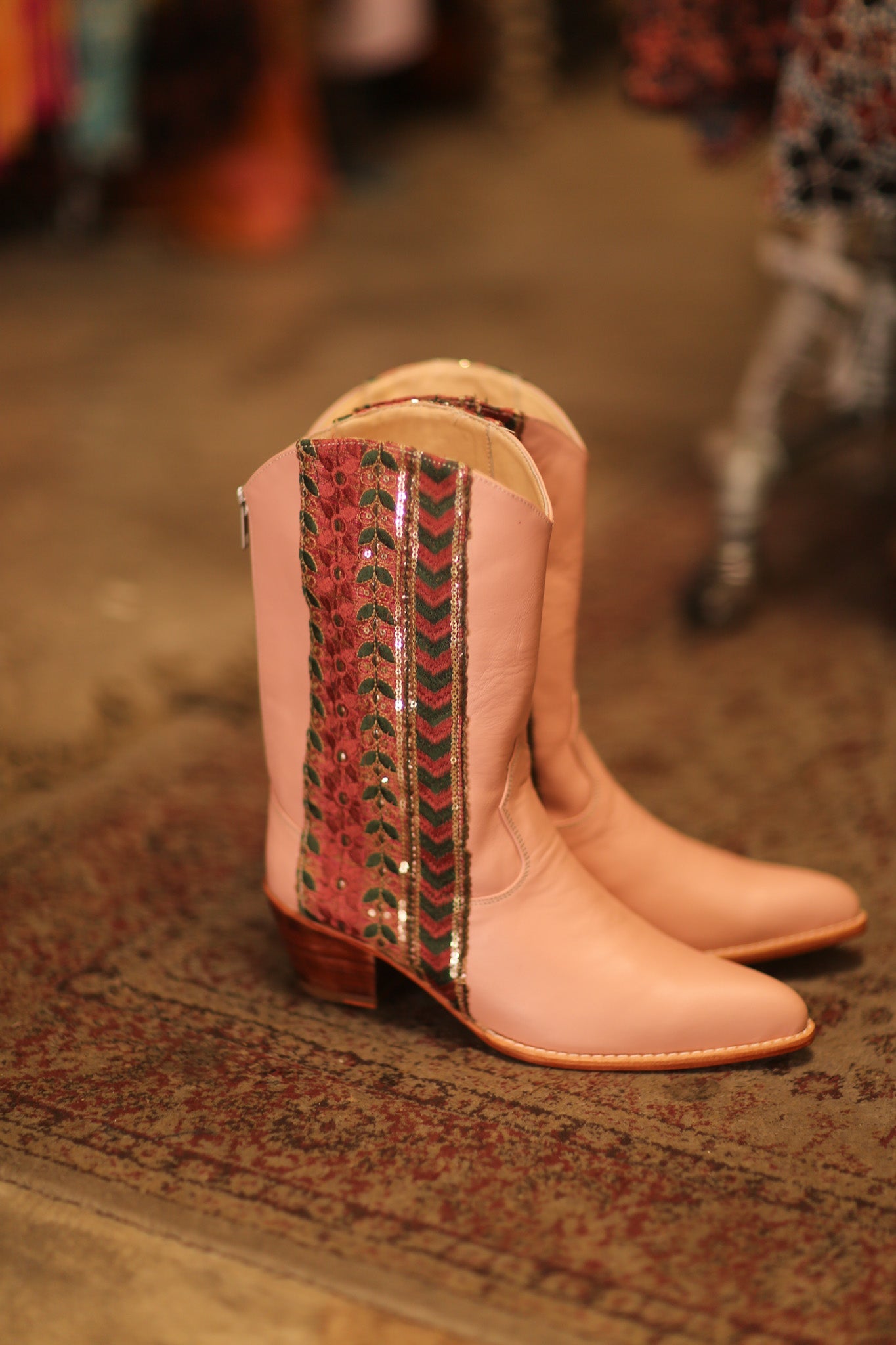 PINK BORDER TRIM LEATHER BOOTS MEETA - BANGKOK TAILOR CLOTHING STORE - HANDMADE CLOTHING