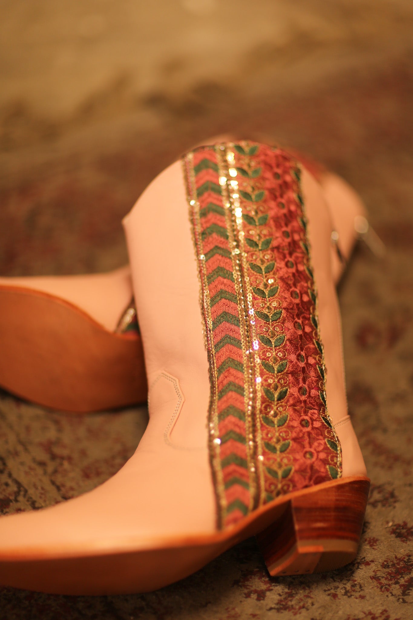 PINK BORDER TRIM LEATHER BOOTS MEETA - BANGKOK TAILOR CLOTHING STORE - HANDMADE CLOTHING
