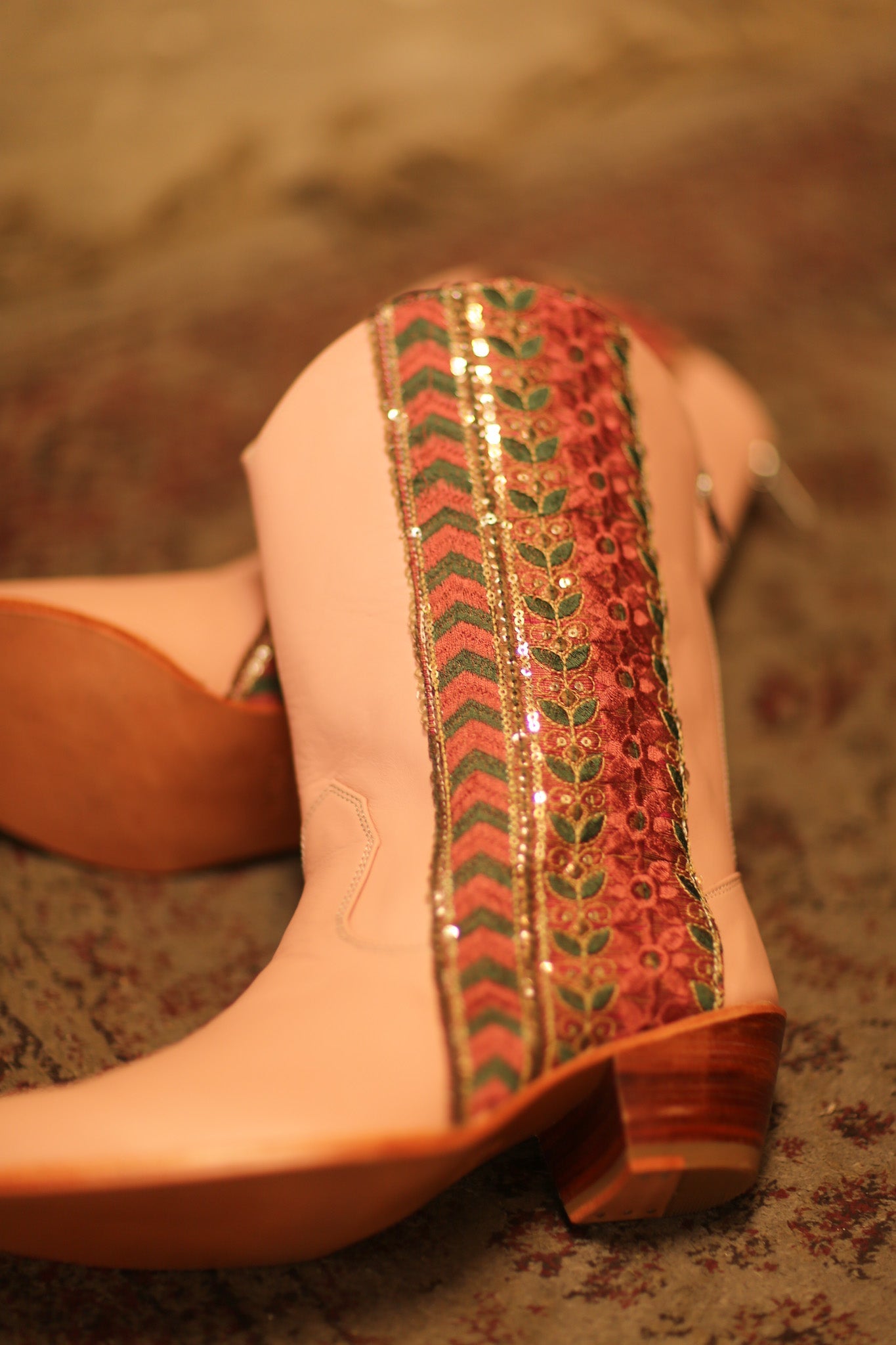 PINK BORDER TRIM LEATHER BOOTS MEETA - BANGKOK TAILOR CLOTHING STORE - HANDMADE CLOTHING