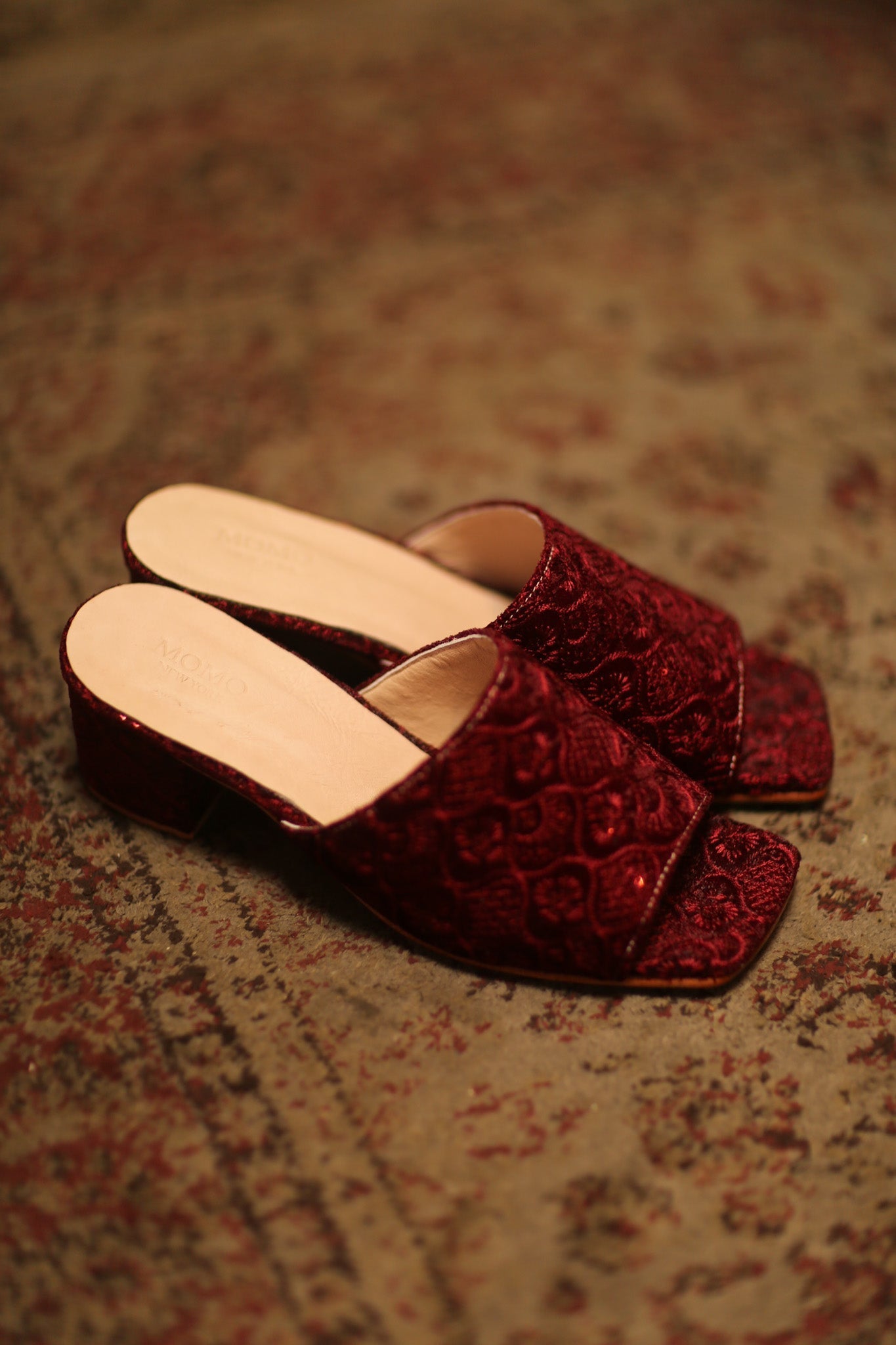 RED VELVET EMBROIDERED HEELED MULES PINDU - BANGKOK TAILOR CLOTHING STORE - HANDMADE CLOTHING