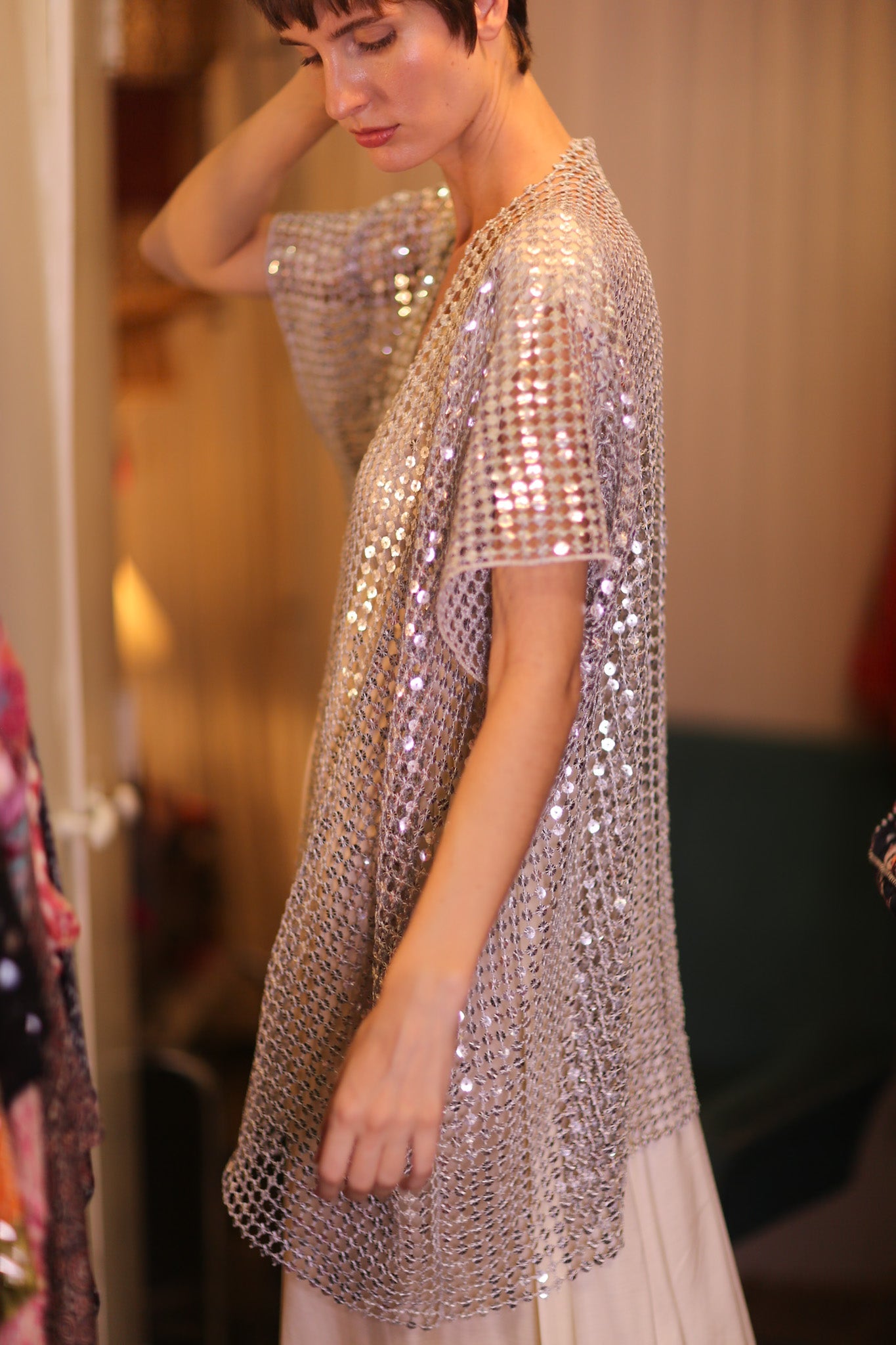 SEQUIN SHORT KIMONO SIVERLIGHT - BANGKOK TAILOR CLOTHING STORE - HANDMADE CLOTHING