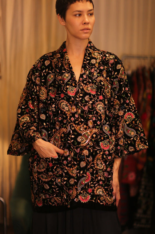 SHORT VELVET EMBROIDERED KIMONO MONA BLACK - BANGKOK TAILOR CLOTHING STORE - HANDMADE CLOTHING