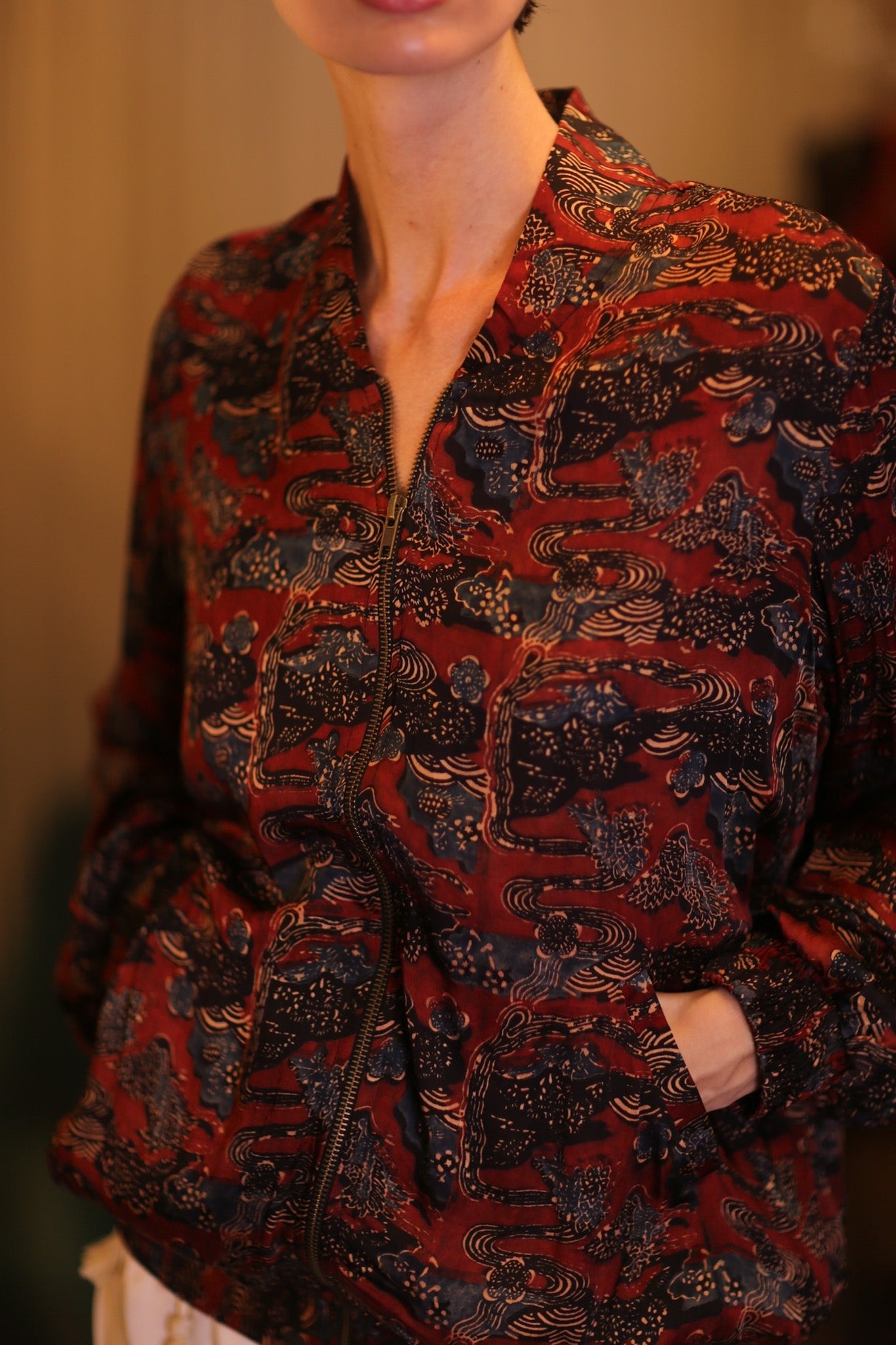 SILK BOMBER JACKET ANCHA RUBY - BANGKOK TAILOR CLOTHING STORE - HANDMADE CLOTHING