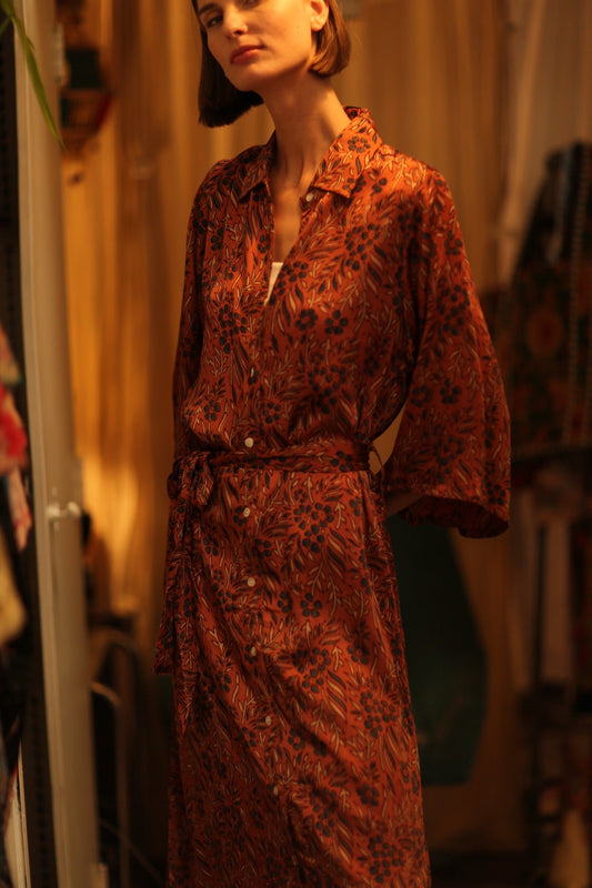 SILK DRESS FATOU HAND BLOCK PRINT - BANGKOK TAILOR CLOTHING STORE - HANDMADE CLOTHING