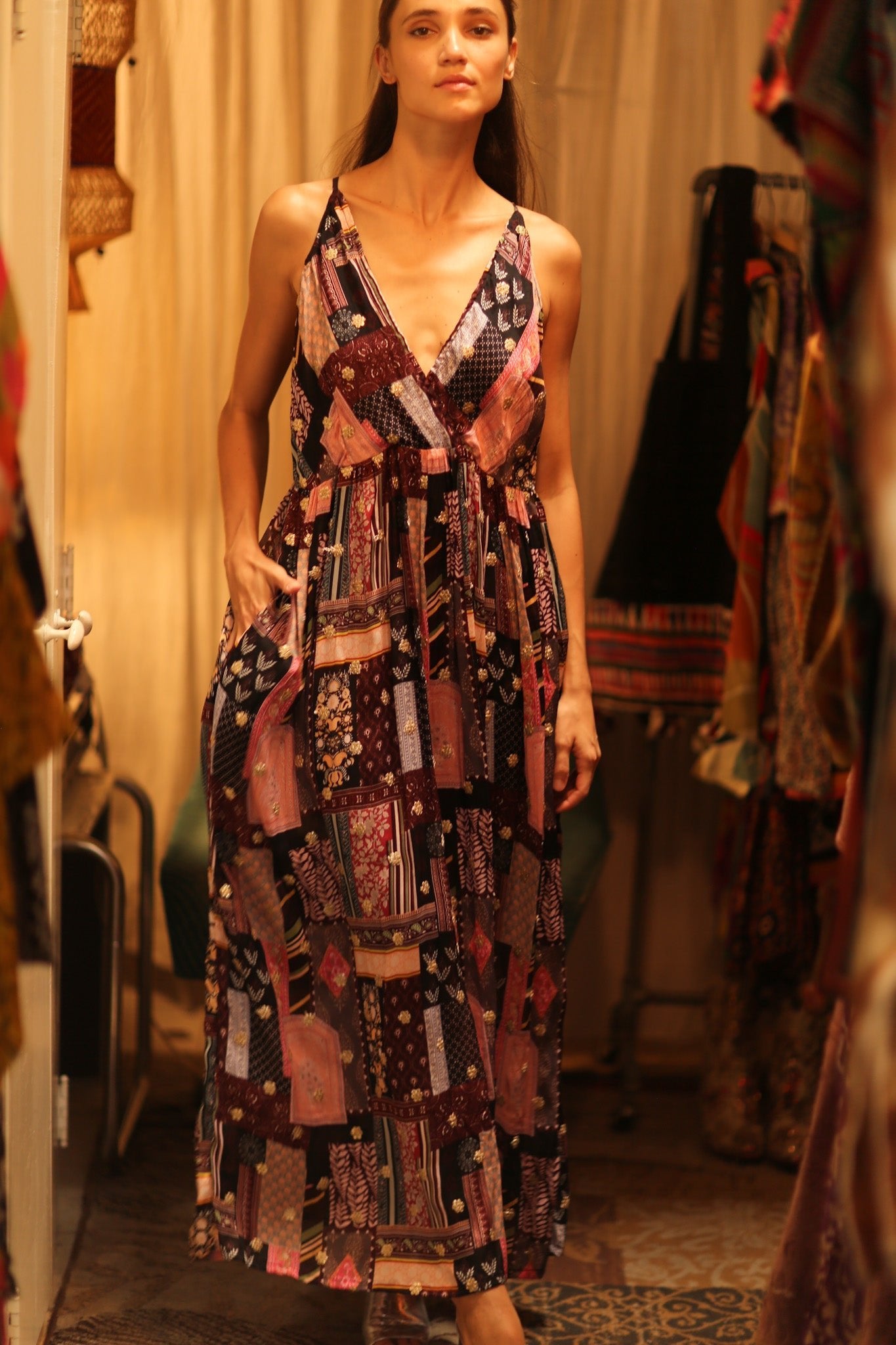 SILK DRESS LILY EMBROIDERED INDIA - BANGKOK TAILOR CLOTHING STORE - HANDMADE CLOTHING