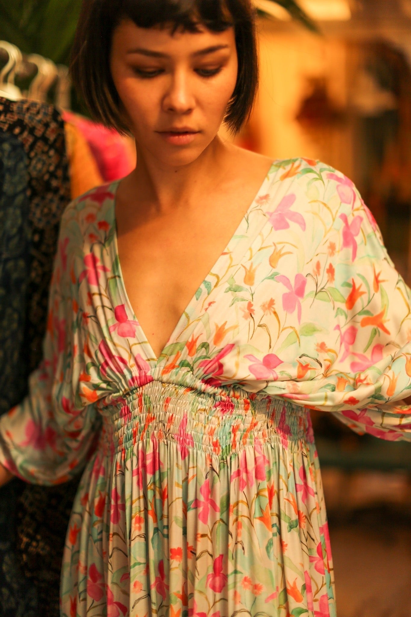 SILK DRESS PINA CREAM FLORAL - BANGKOK TAILOR CLOTHING STORE - HANDMADE CLOTHING