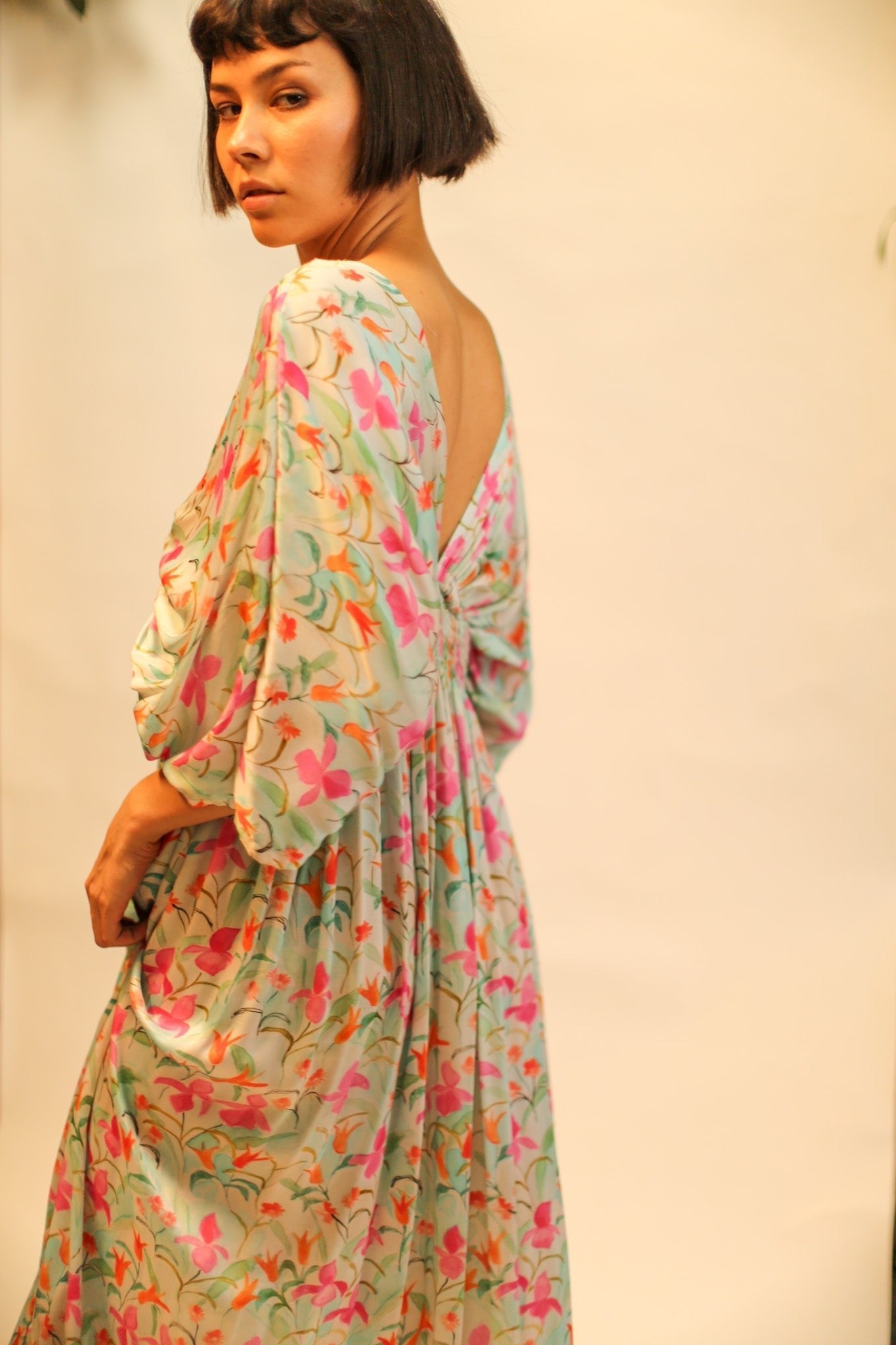 SILK DRESS PINA CREAM FLORAL - BANGKOK TAILOR CLOTHING STORE - HANDMADE CLOTHING