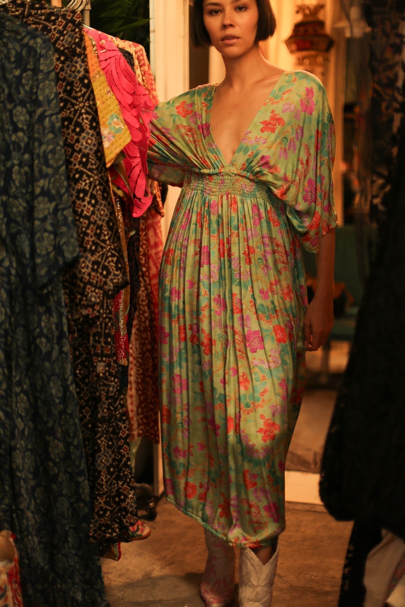 SILk DRESS PINA GREEN FLORAL - BANGKOK TAILOR CLOTHING STORE - HANDMADE CLOTHING