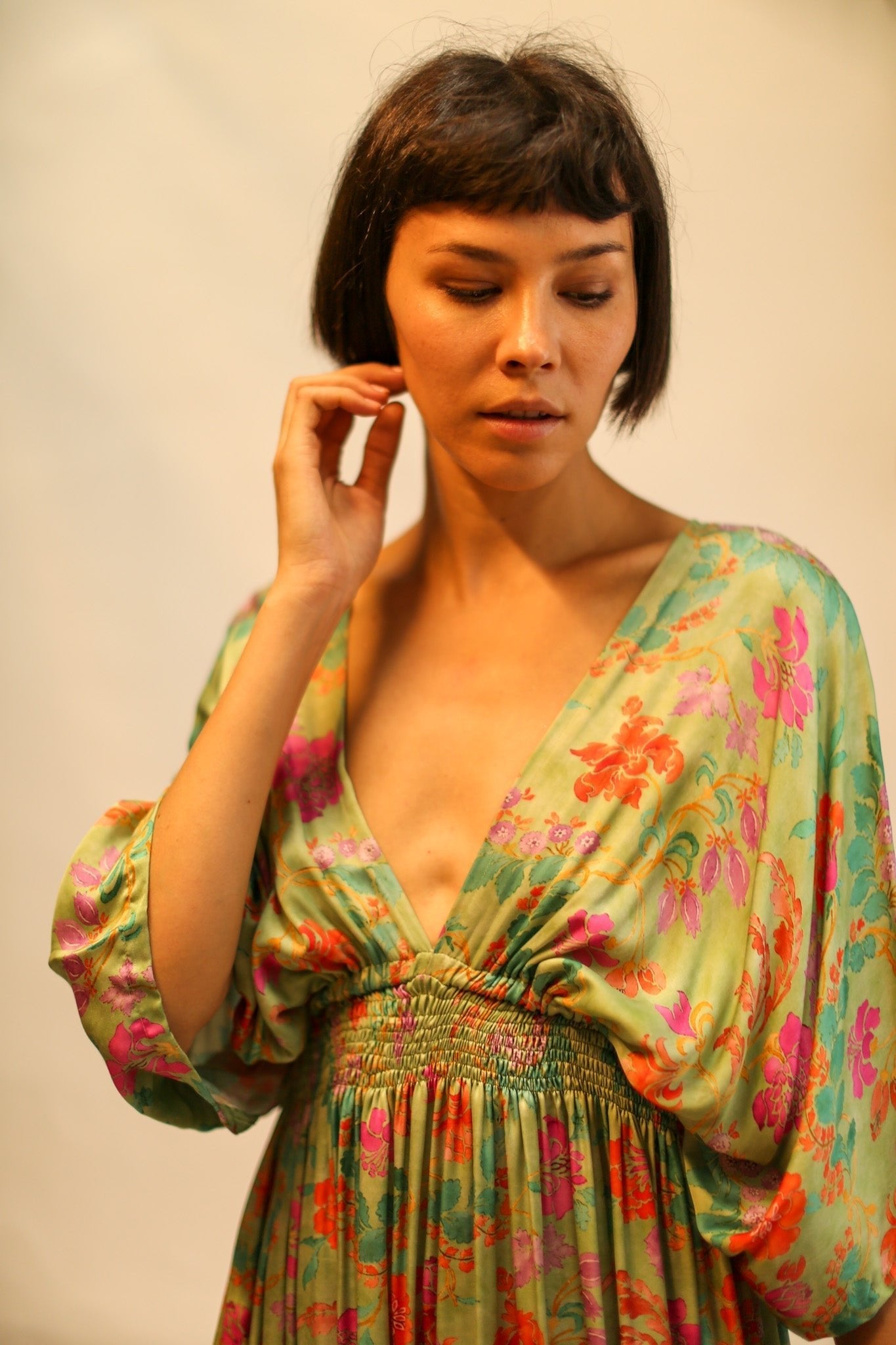 SILk DRESS PINA GREEN FLORAL - BANGKOK TAILOR CLOTHING STORE - HANDMADE CLOTHING