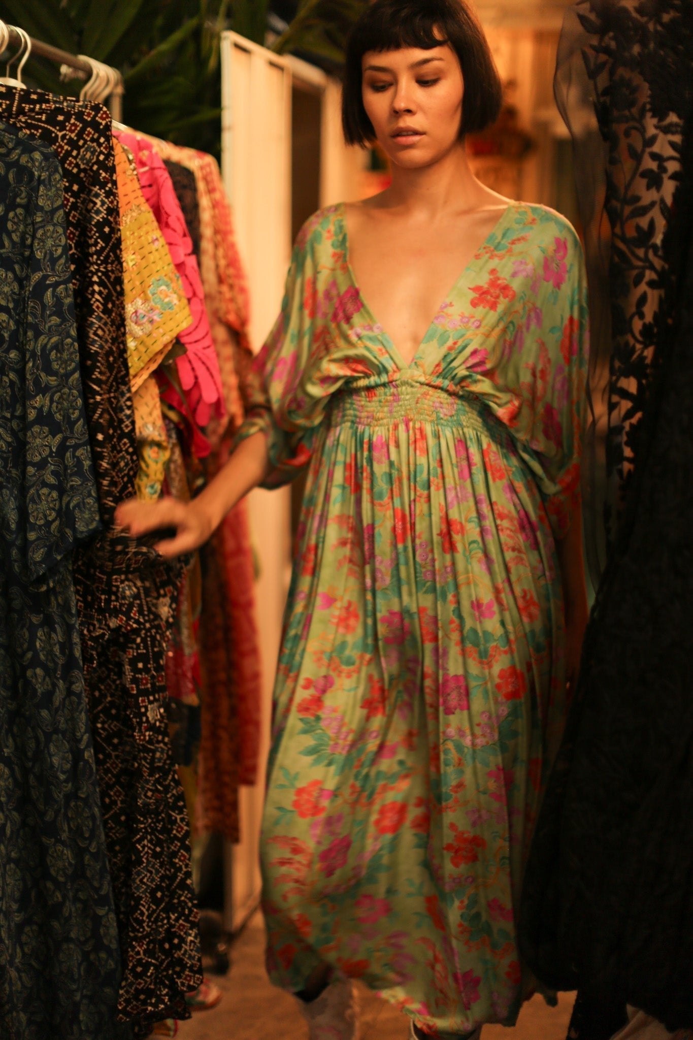 SILk DRESS PINA GREEN FLORAL - BANGKOK TAILOR CLOTHING STORE - HANDMADE CLOTHING