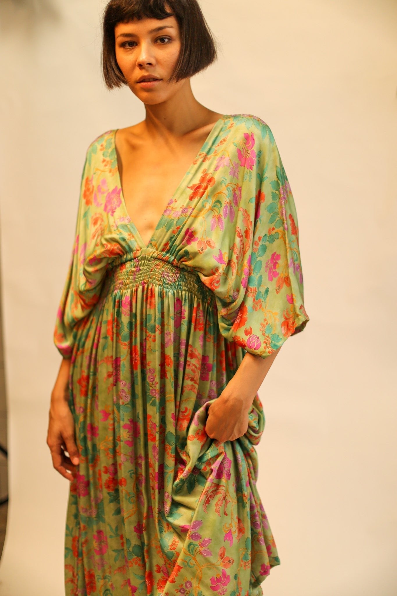 SILk DRESS PINA GREEN FLORAL - BANGKOK TAILOR CLOTHING STORE - HANDMADE CLOTHING