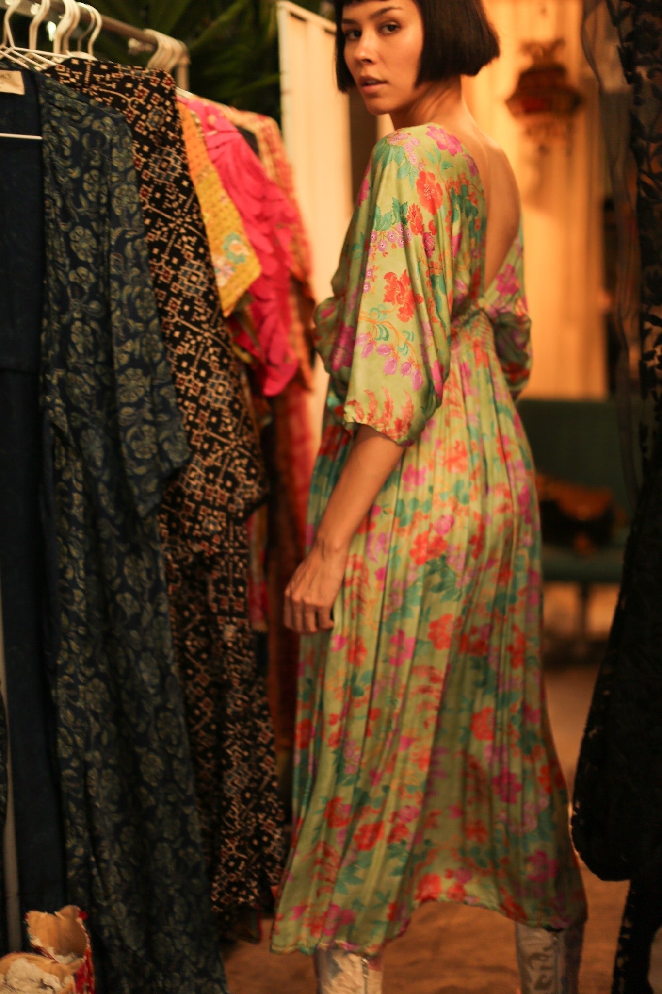 SILk DRESS PINA GREEN FLORAL - BANGKOK TAILOR CLOTHING STORE - HANDMADE CLOTHING