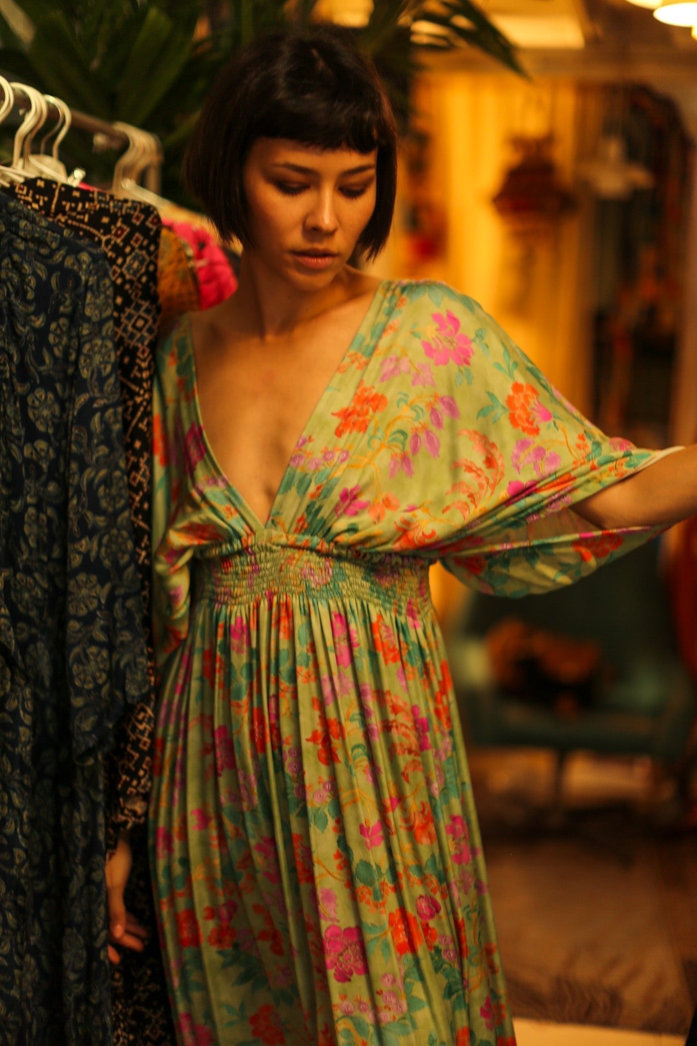 SILk DRESS PINA GREEN FLORAL - BANGKOK TAILOR CLOTHING STORE - HANDMADE CLOTHING