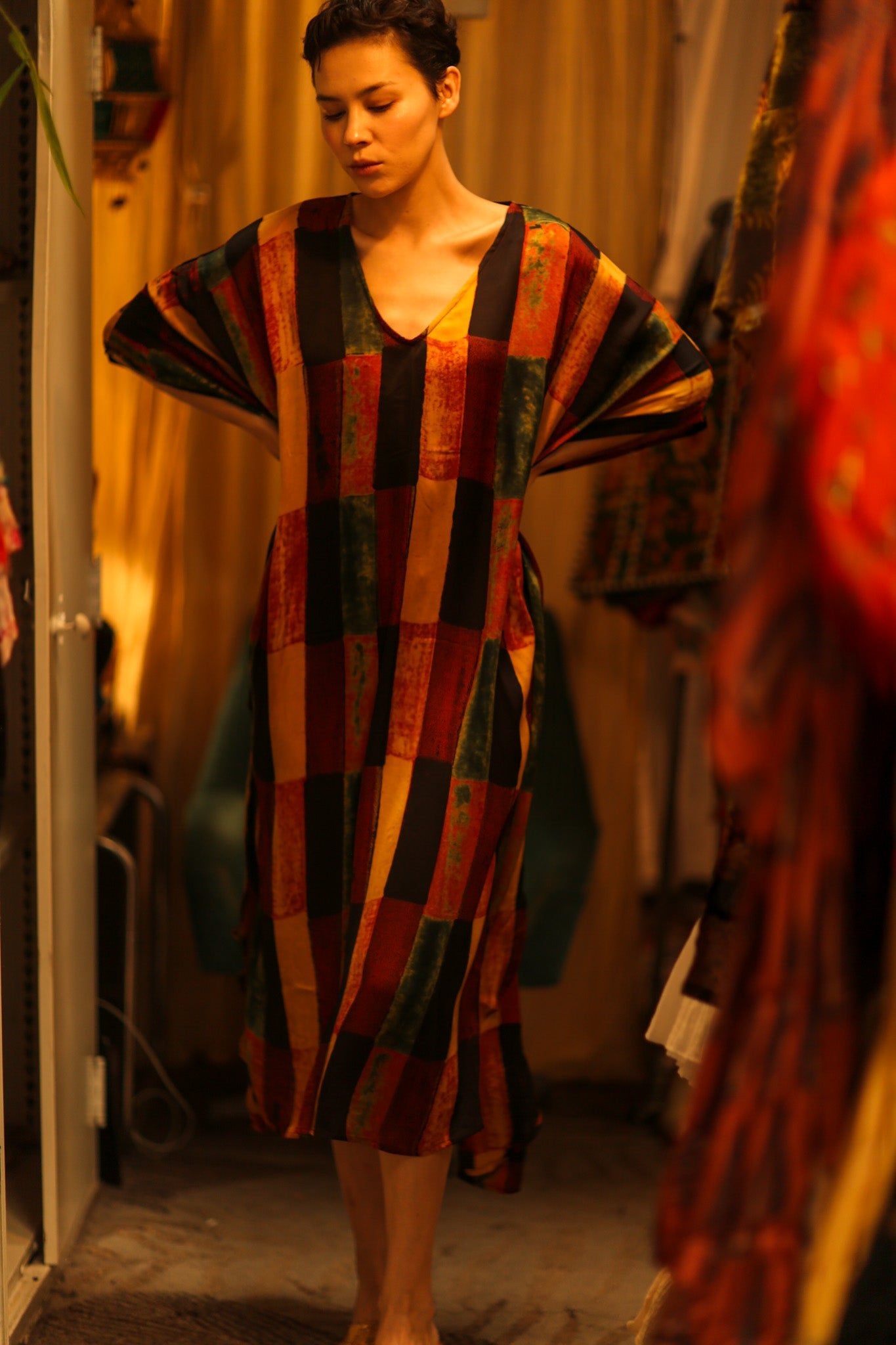 SILK HAND BLOCK PRINT KAFTAN KLARA - BANGKOK TAILOR CLOTHING STORE - HANDMADE CLOTHING