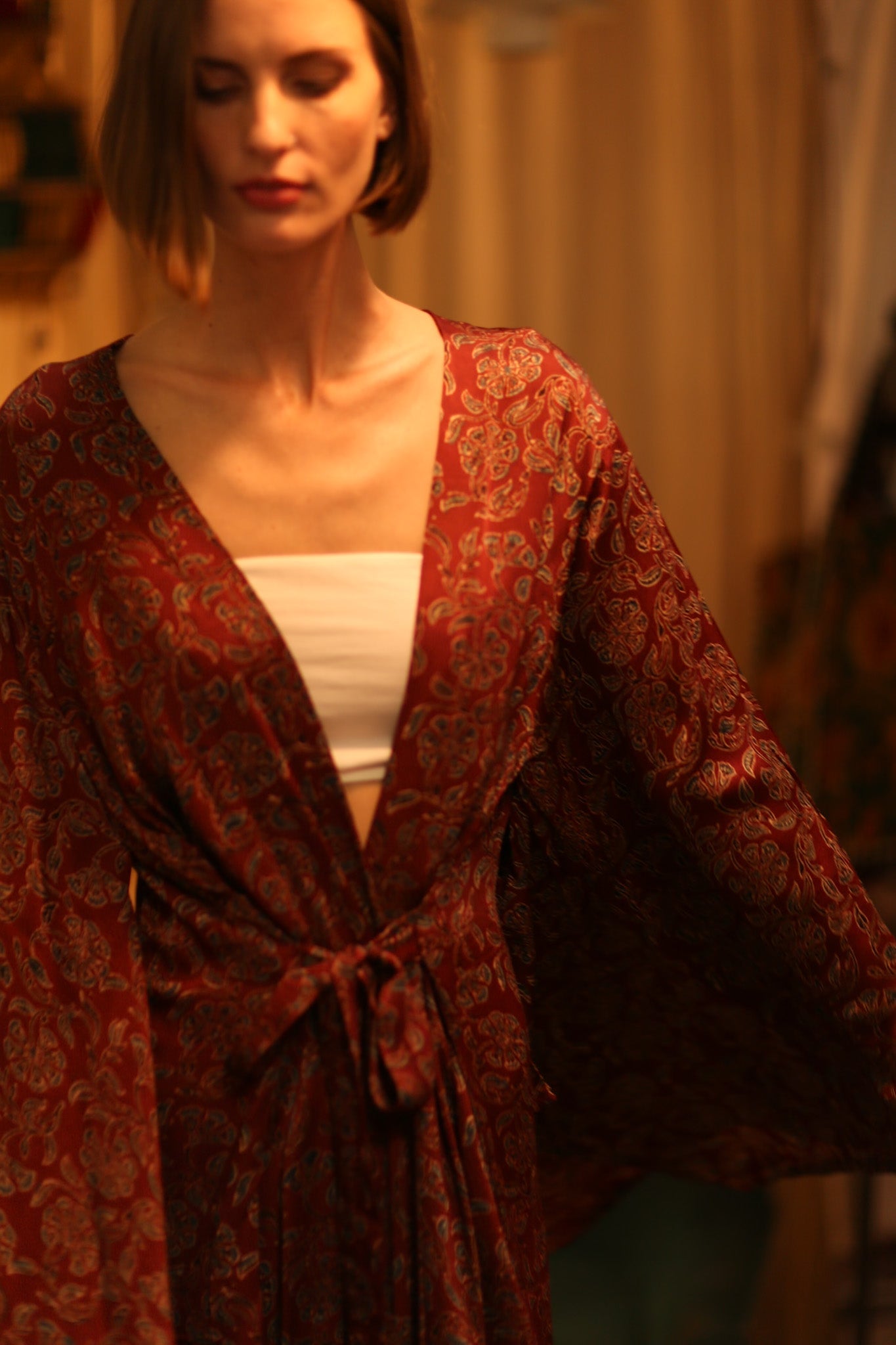 SILK HAND BLOCK PRINT KIMONO PINA BOENZA - BANGKOK TAILOR CLOTHING STORE - HANDMADE CLOTHING
