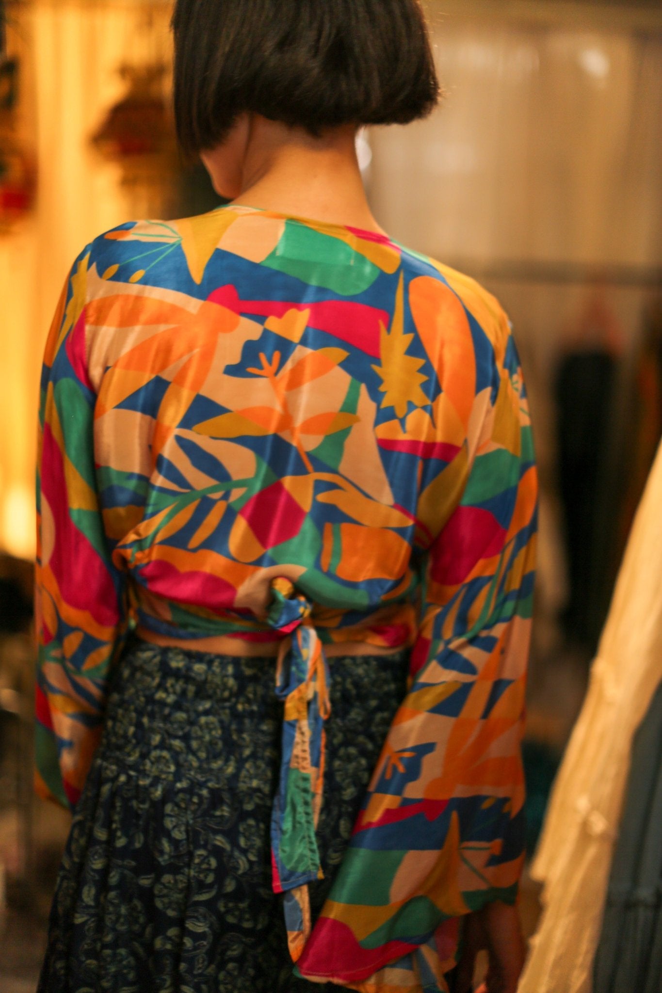 SILK HAND BLOCK PRINT WRAP TOP CELINA - BANGKOK TAILOR CLOTHING STORE - HANDMADE CLOTHING